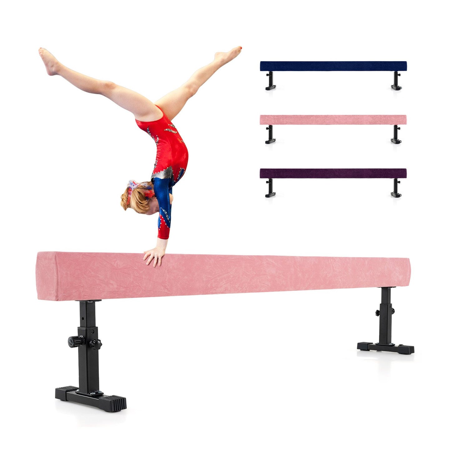 Livsk costway verstelbare evenwichtsbalk 226 cm hoge en lage gymnastiekbalk met 3 hoogtes roze