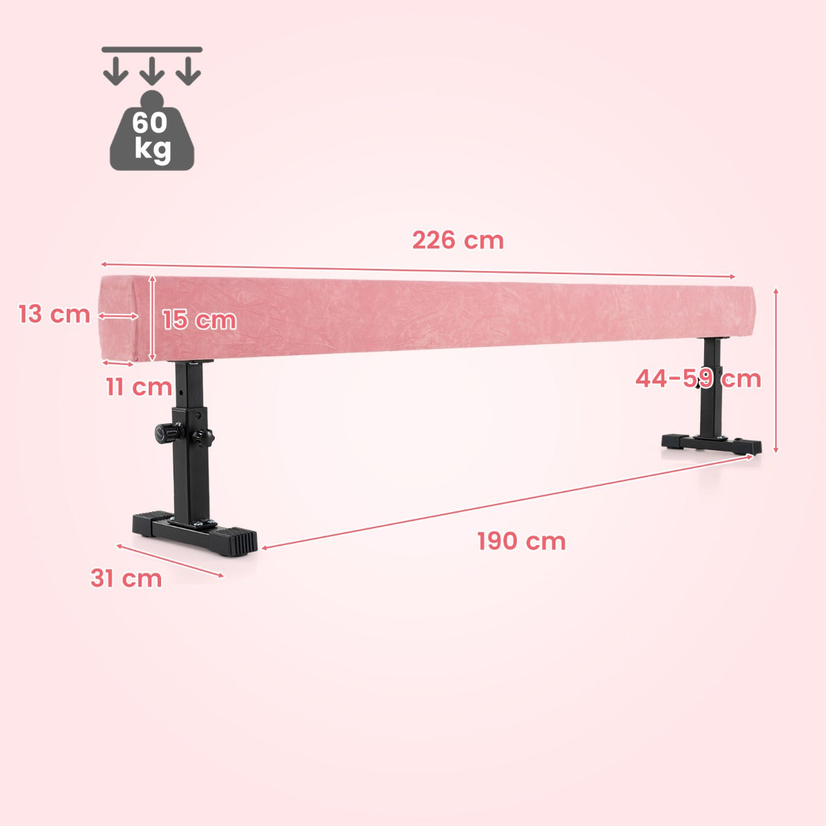 Livsk costway verstelbare evenwichtsbalk 226 cm hoge en lage gymnastiekbalk met 3 hoogtes roze 2