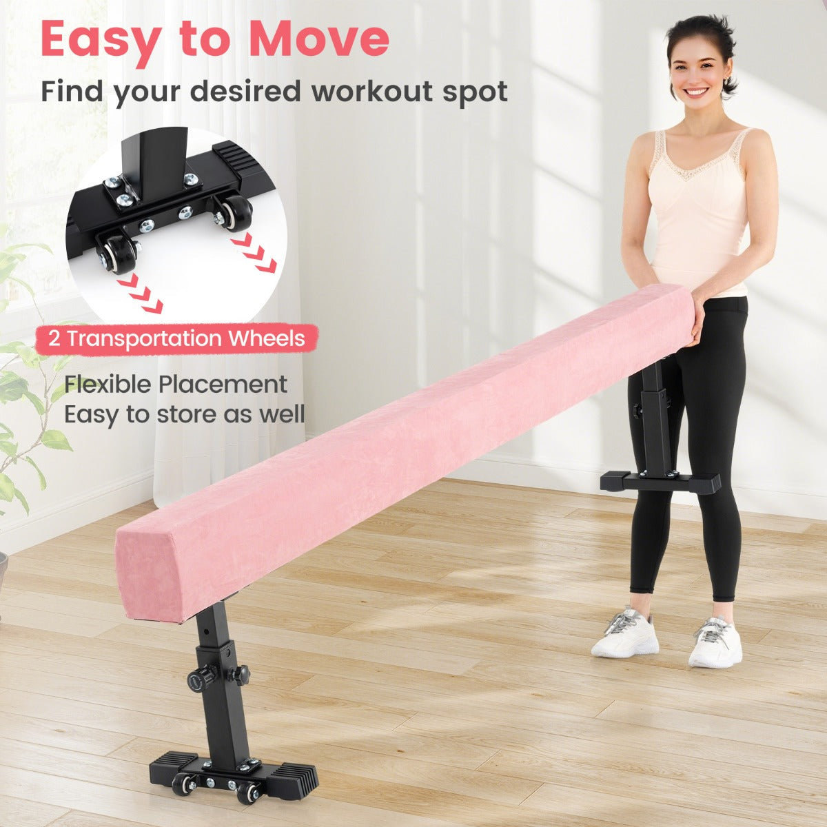 Livsk costway verstelbare evenwichtsbalk 226 cm hoge en lage gymnastiekbalk met 3 hoogtes roze 5