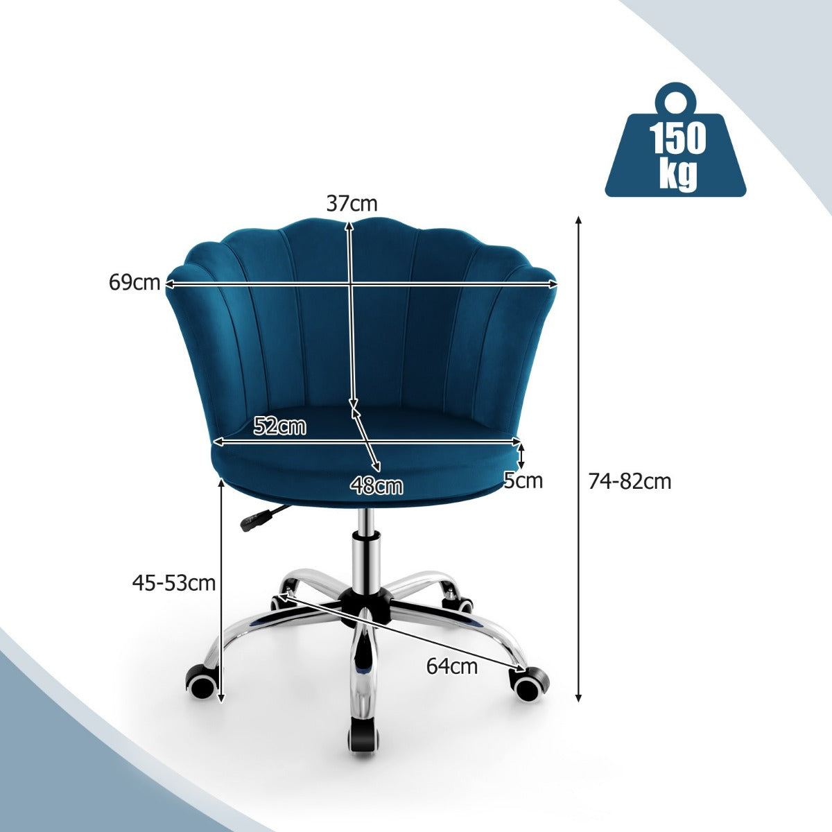 LIVSK Kapfauteuil - Ergonomische Schelpenrug - Verstelbare Zithoogte - 360° Draaibaar - Tot 150 kg - Blauw