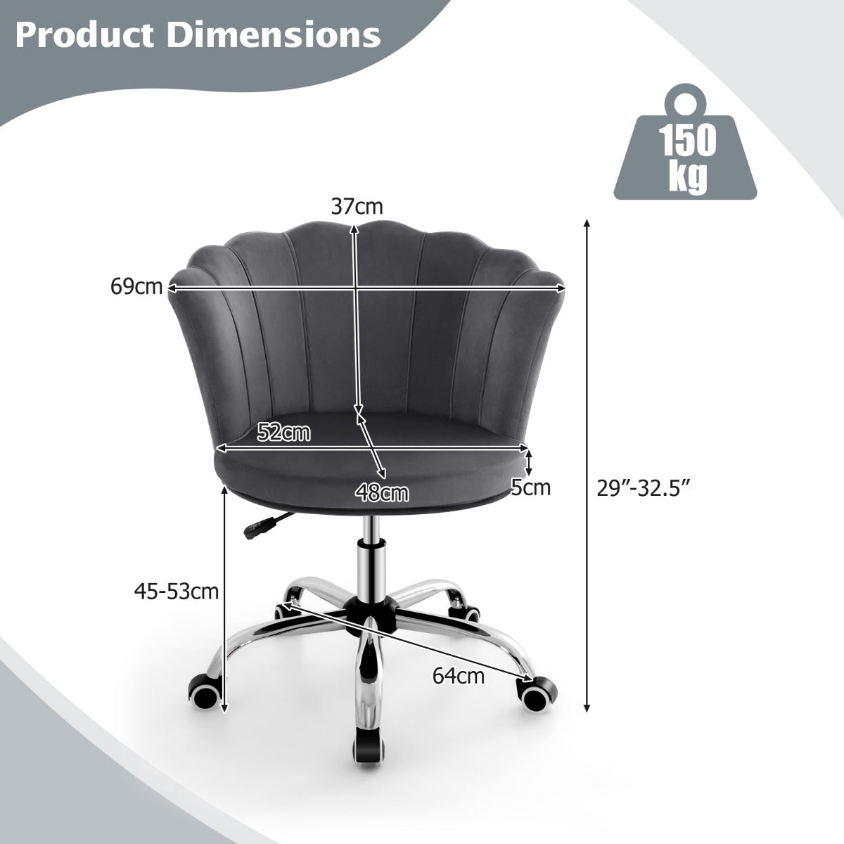 LIVSK Kapfauteuil - Ergonomische Vrijetijdsstoel met Verstelbare Zithoogte - 360° Draaibaar - Tot 150 kg - Grijs