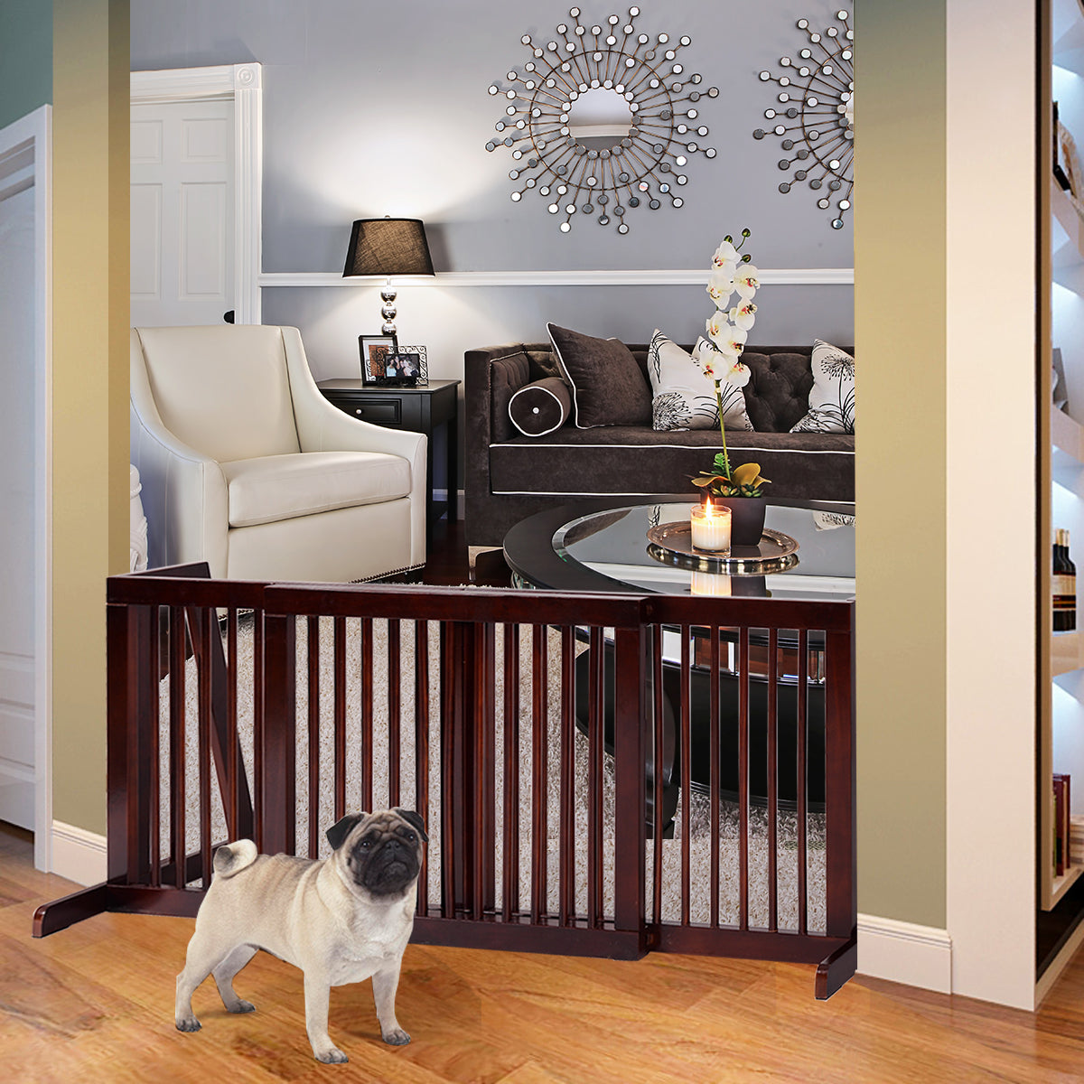 LIVSK Verstelbaar Huisdierenhek - Grenenhout - Vrijstaand - 3 Panelen van 71 tot 203 cm - Kersenkleur