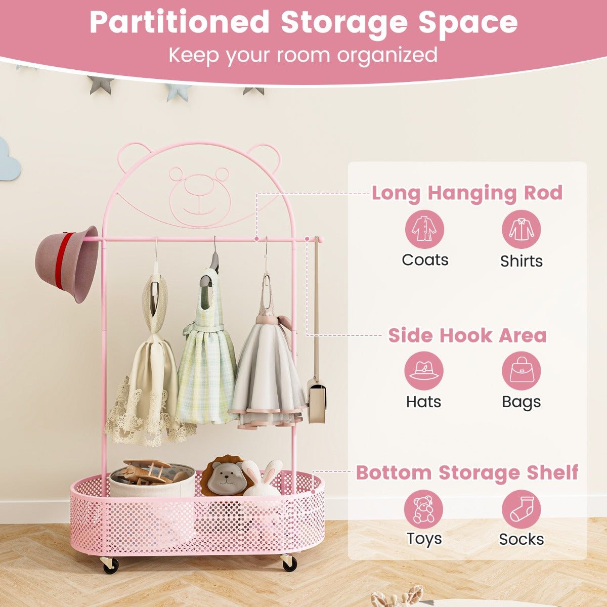 LIVSK Verstelbare Kinder Kledingstandaard - Op Wielen - Hoogte 100/120/152 cm - Duurzaam Metaal - Schattig Ontwerp - Wit/Roze