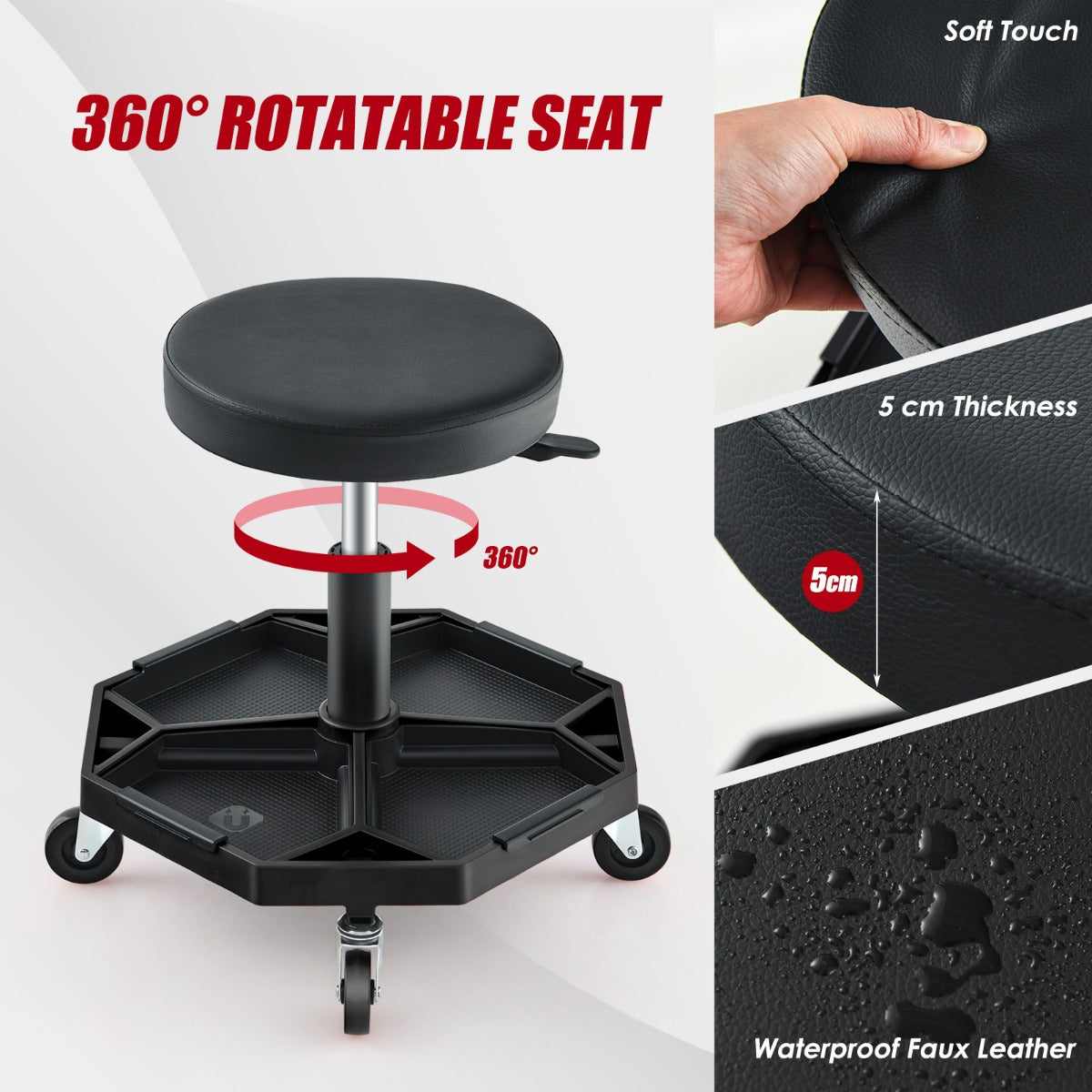 LIVSK Rolstoelkruk - Verstelbare Hoogte 41-55 cm - 360° Draaibaar - Gereedschapsbak met Magnetisch Frame - Draagvermogen 150 kg -