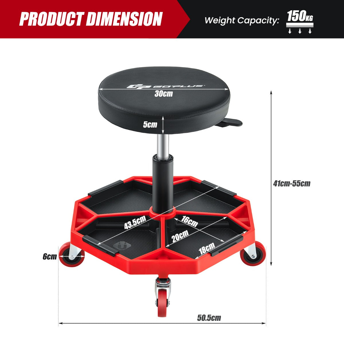 LIVSK Verstelbare Rolstoelkruk - Hoogte 41-55 cm - Draaibaar - 4 Zwenkwielen - Gereedschapsbak met Magnetisch Frame - Zwart en