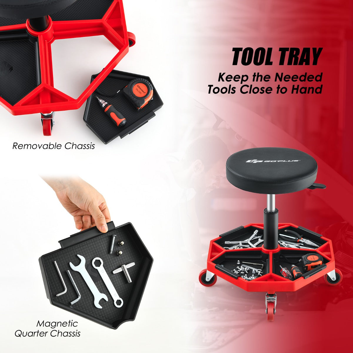 LIVSK Verstelbare Rolstoelkruk - Hoogte 41-55 cm - Draaibaar - 4 Zwenkwielen - Gereedschapsbak met Magnetisch Frame - Zwart en