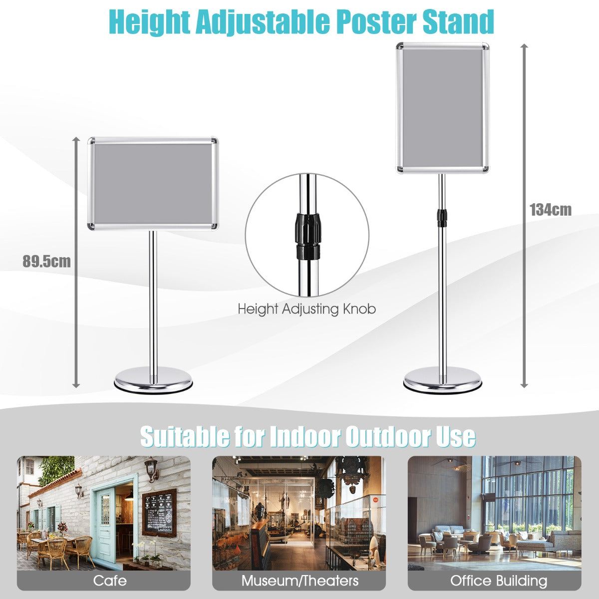 LIVSK Verstelbare Informatiestandaard - 360 Graden Rotatie - Zware Ronde Basis - Aluminium Frame - Hoogte 89,5-134 cm - Zilver