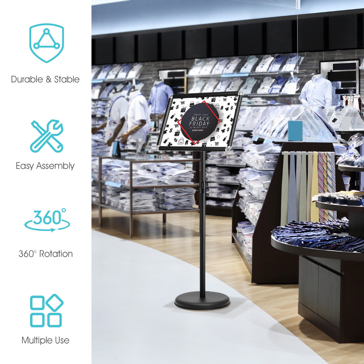 LIVSK Verstelbare Informatiestandaard - Aluminium Frame - Hoogte 89,5 - 134 cm - Zware Basis - PET-beschermingslens - Zwart