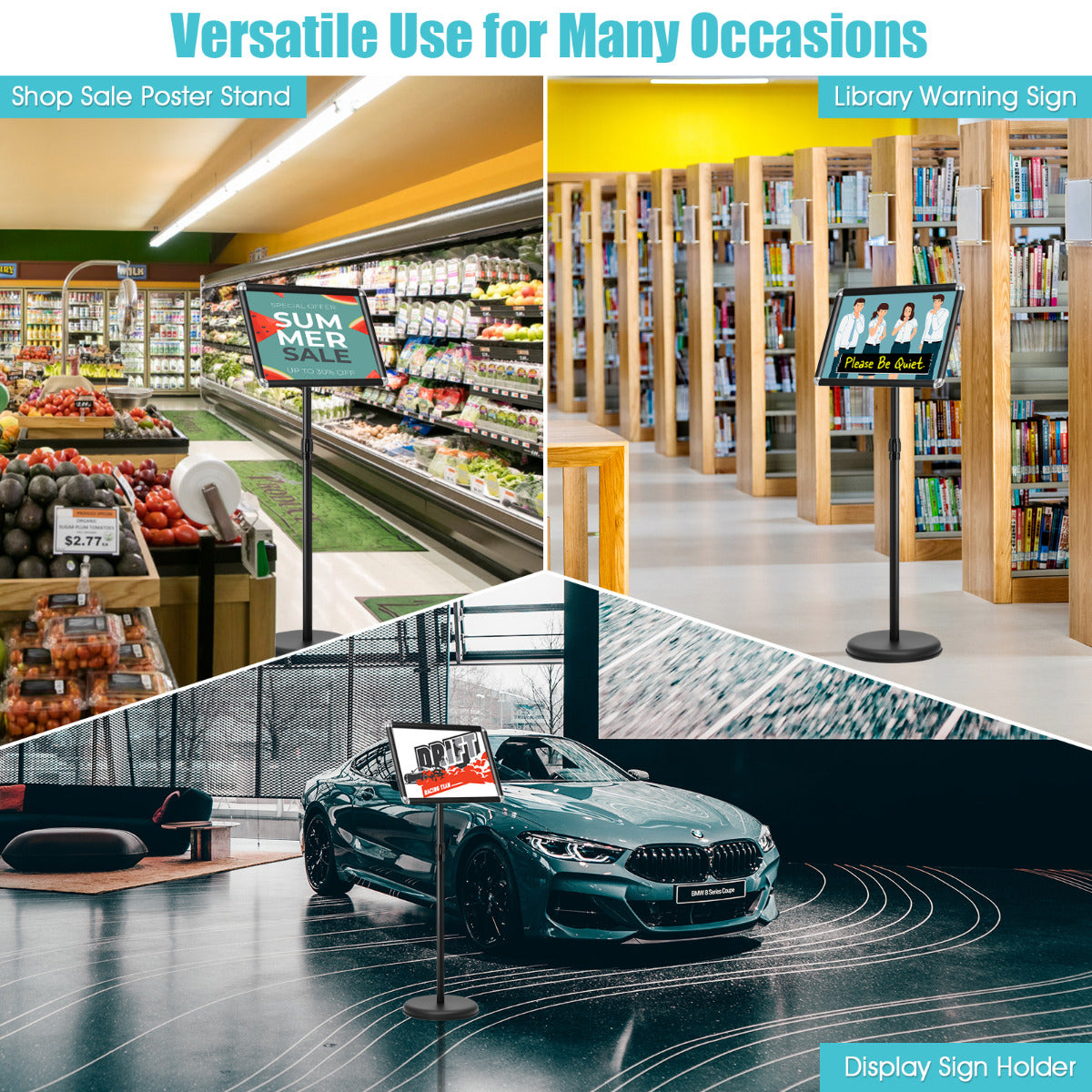 LIVSK Verstelbare Informatiestandaard - Aluminium Frame - Hoogte 89,5 - 134 cm - Zware Basis - PET-beschermingslens - Zwart