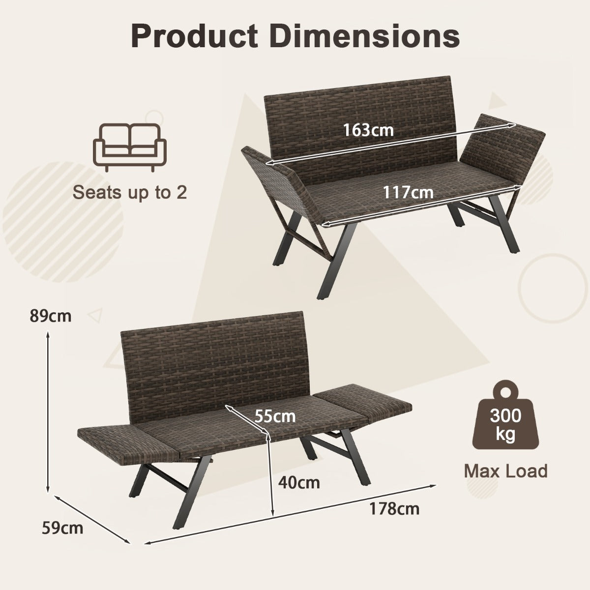 LIVSK Converteerbare Patio Loveseat - Verstelbare Armleuningen - Sneldrogend Schuim - Tot 300 kg - Handgeweven Rotan - Grijs