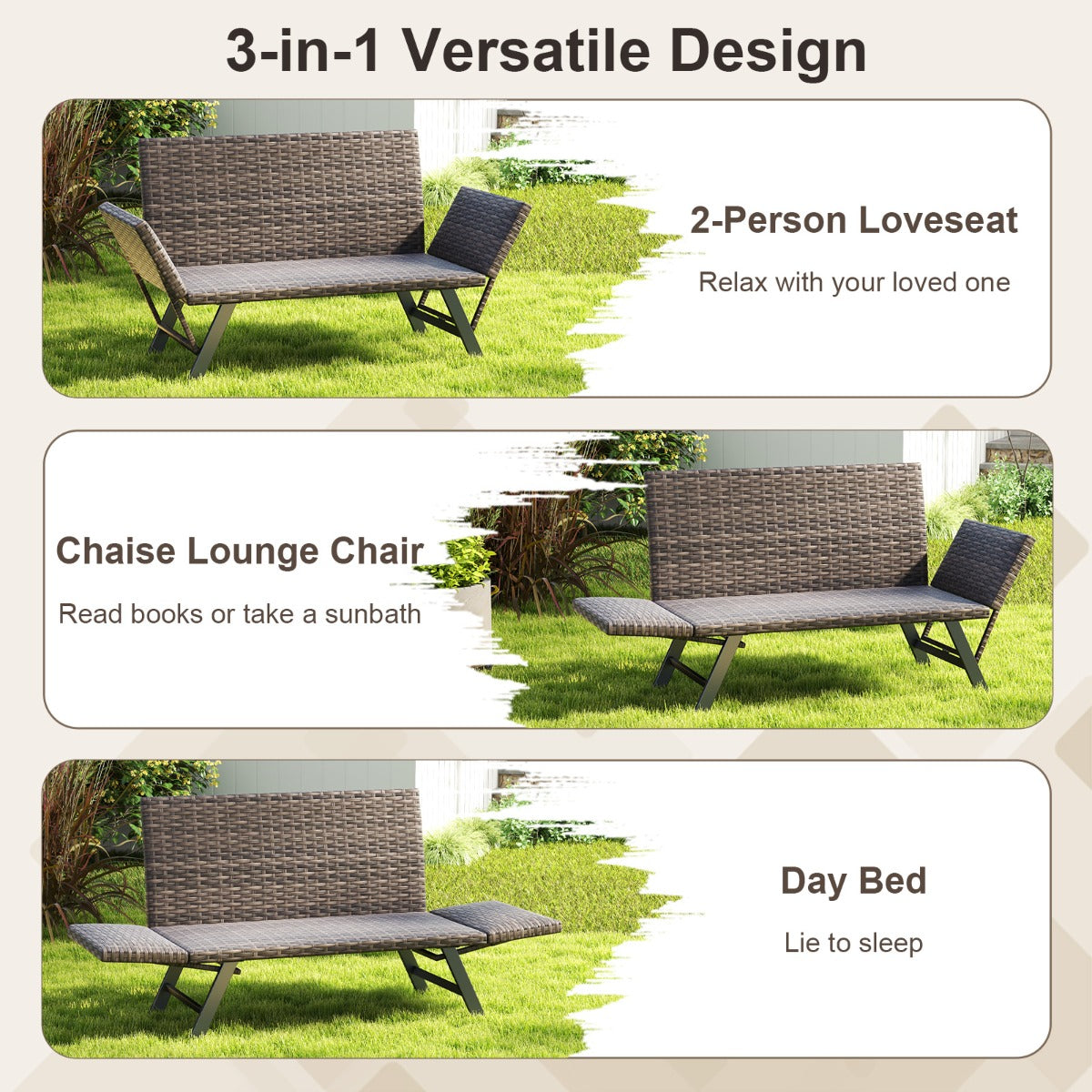 LIVSK Converteerbare Patio Loveseat - Verstelbare Armleuningen - Sneldrogend Schuim - Tot 300 kg - Handgeweven Rotan - Grijs