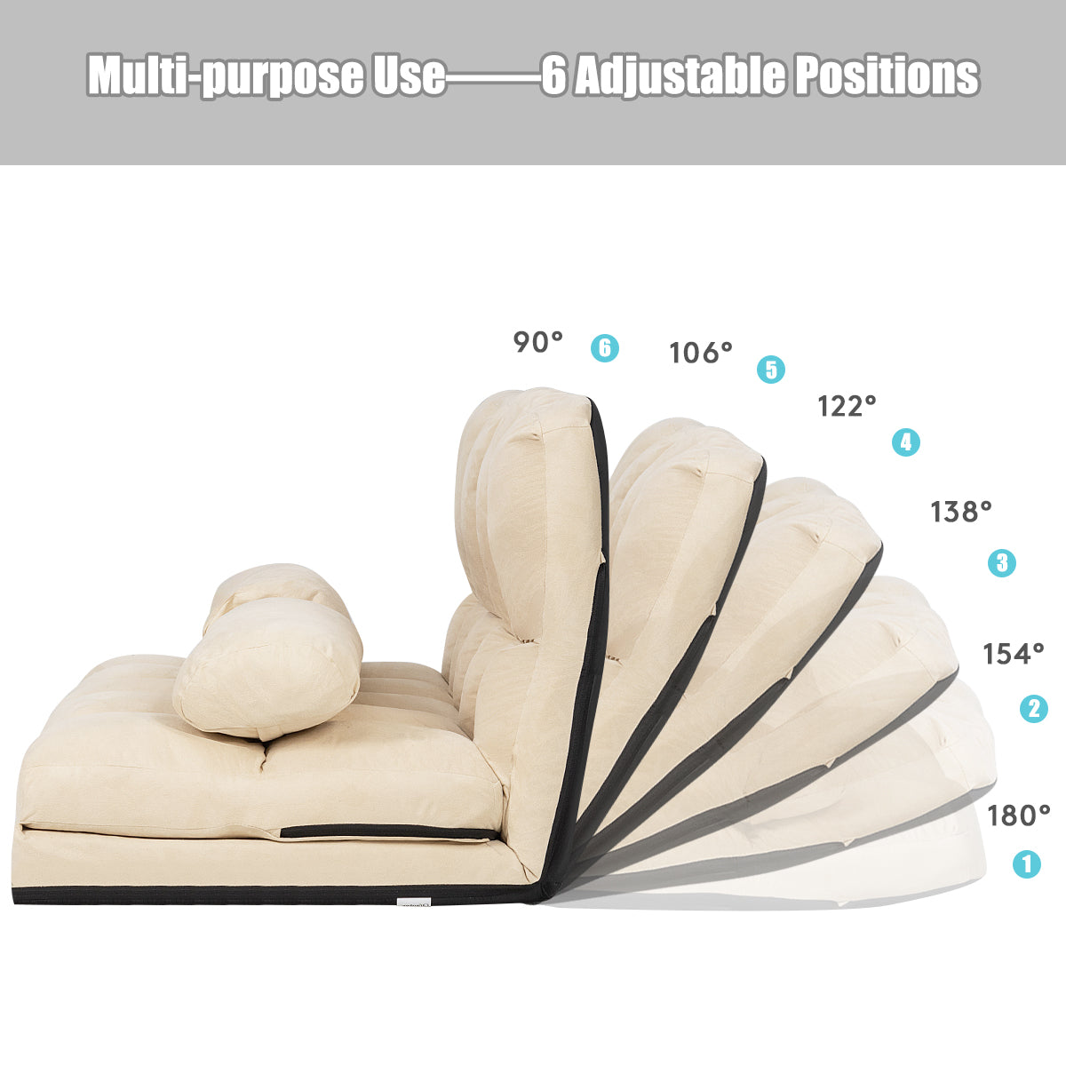 LIVSK Verstelbare Opvouwbare Vloerbank - 6 Posities - Duurzaam Stalen Frame - Comfortabel Suède - Tot 150 kg - Beige