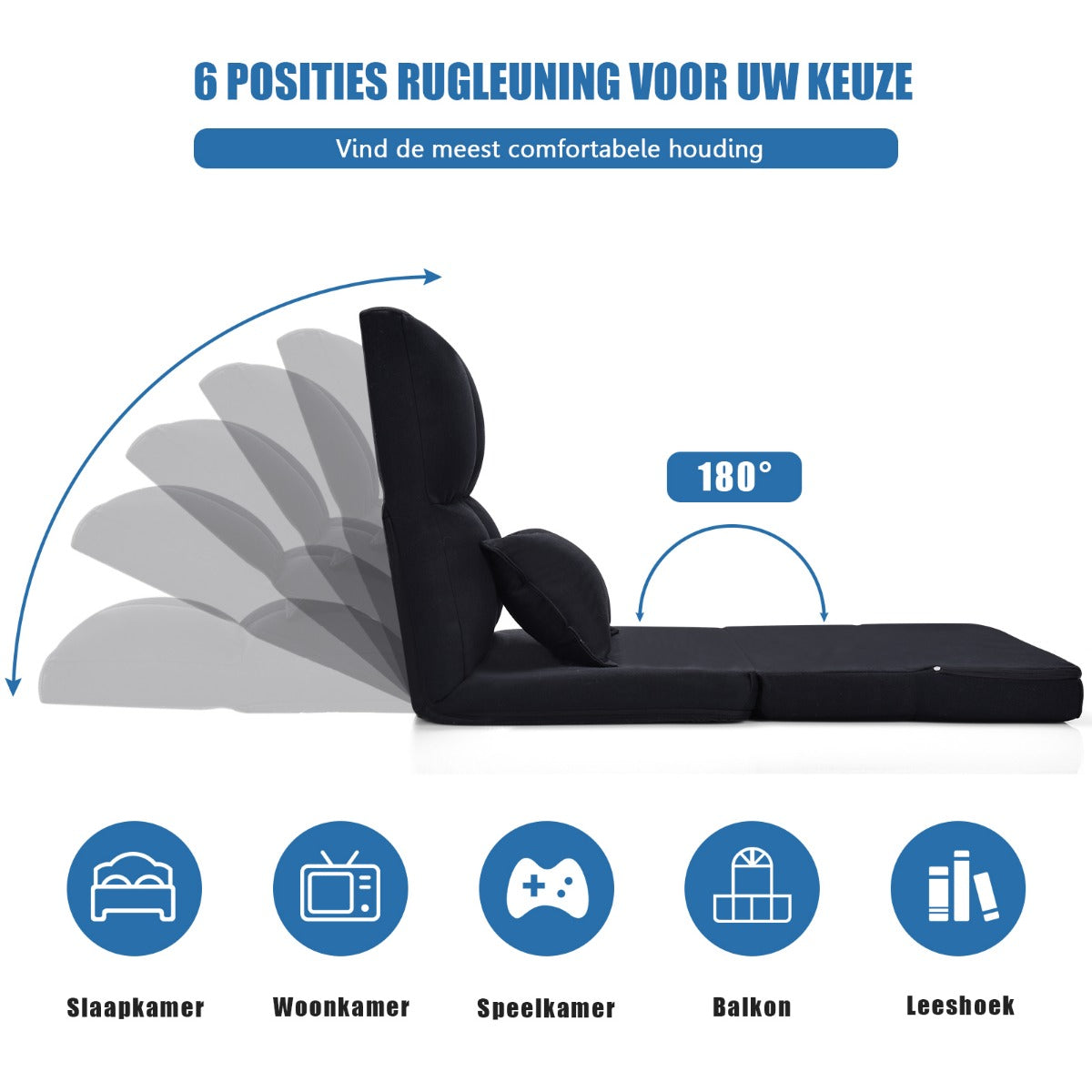 LIVSK Verstelbare Vloerstoel - Opklapbaar met Zacht Kussen - 6 Rugleuningposities - Ademend - Eenvoudig Onderhoud - Zwart