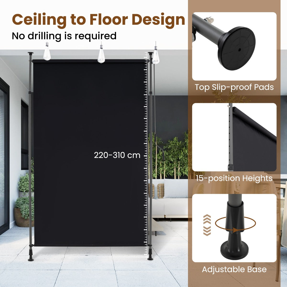 LIVSK Verticaal Uittrekbaar Zonnescherm - UV-bestendig Polyester - In Hoogte Verstelbaar - Antislip Pads - 150 x 220–310 cm -