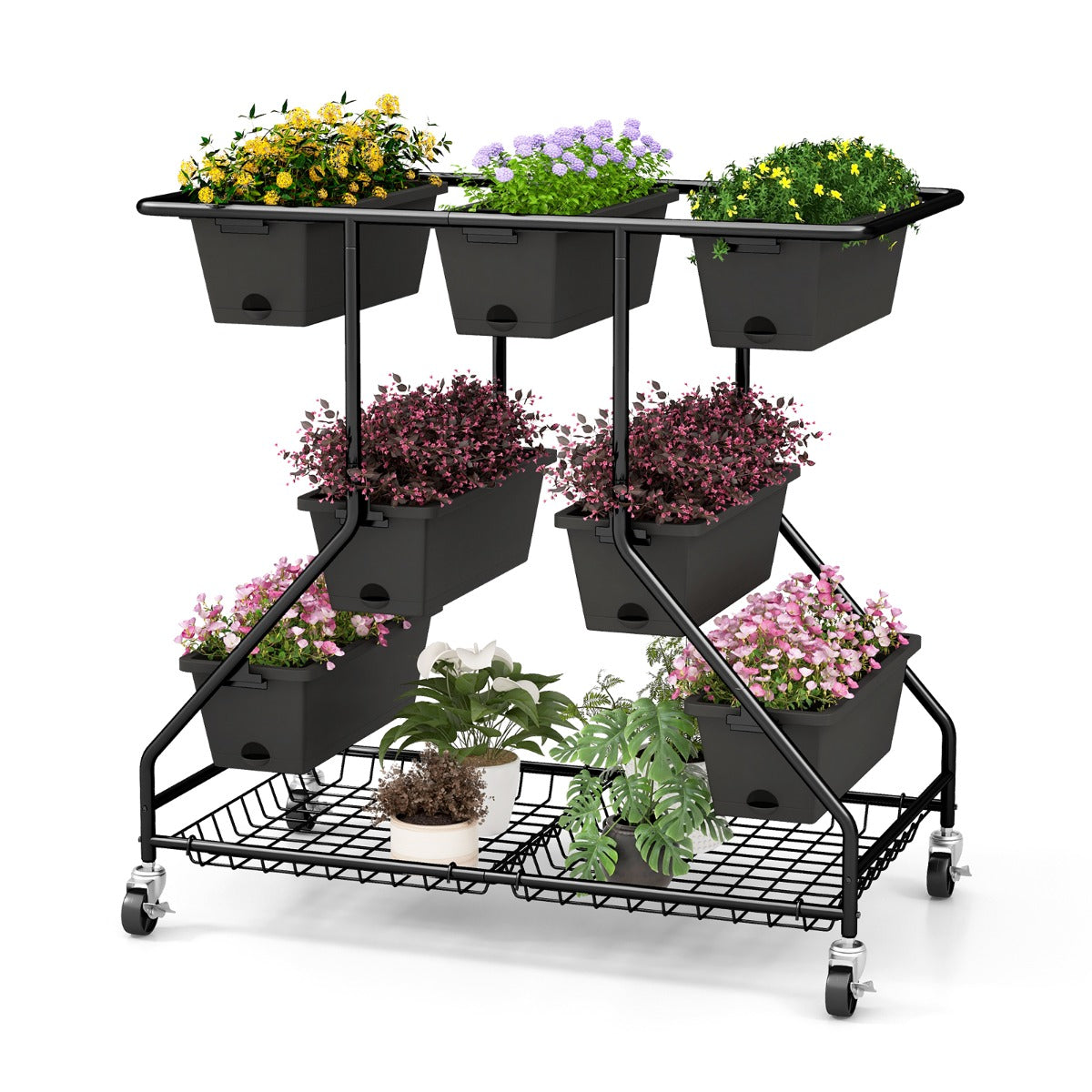LIVSK Verhoogd Verticale Tuinbed met Wielen - 7 Plantenbakken - 2 Opbergmanden - Drainagegaten - Duurzaam - Grijs + Zwart