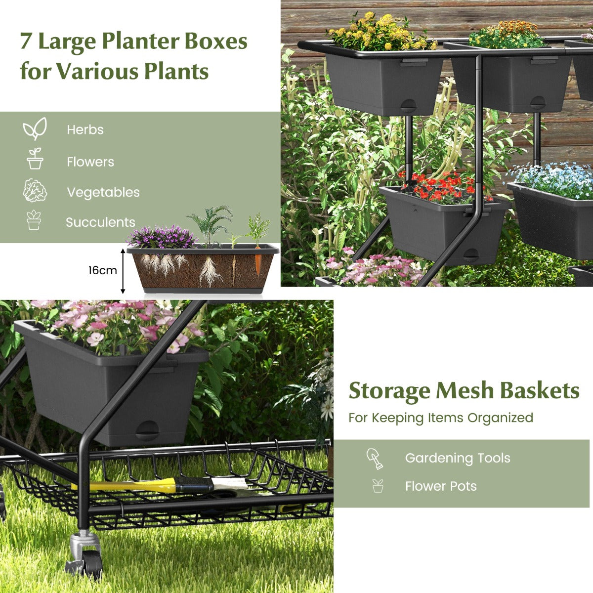 LIVSK Verhoogd Verticale Tuinbed met Wielen - 7 Plantenbakken - 2 Opbergmanden - Drainagegaten - Duurzaam - Grijs + Zwart