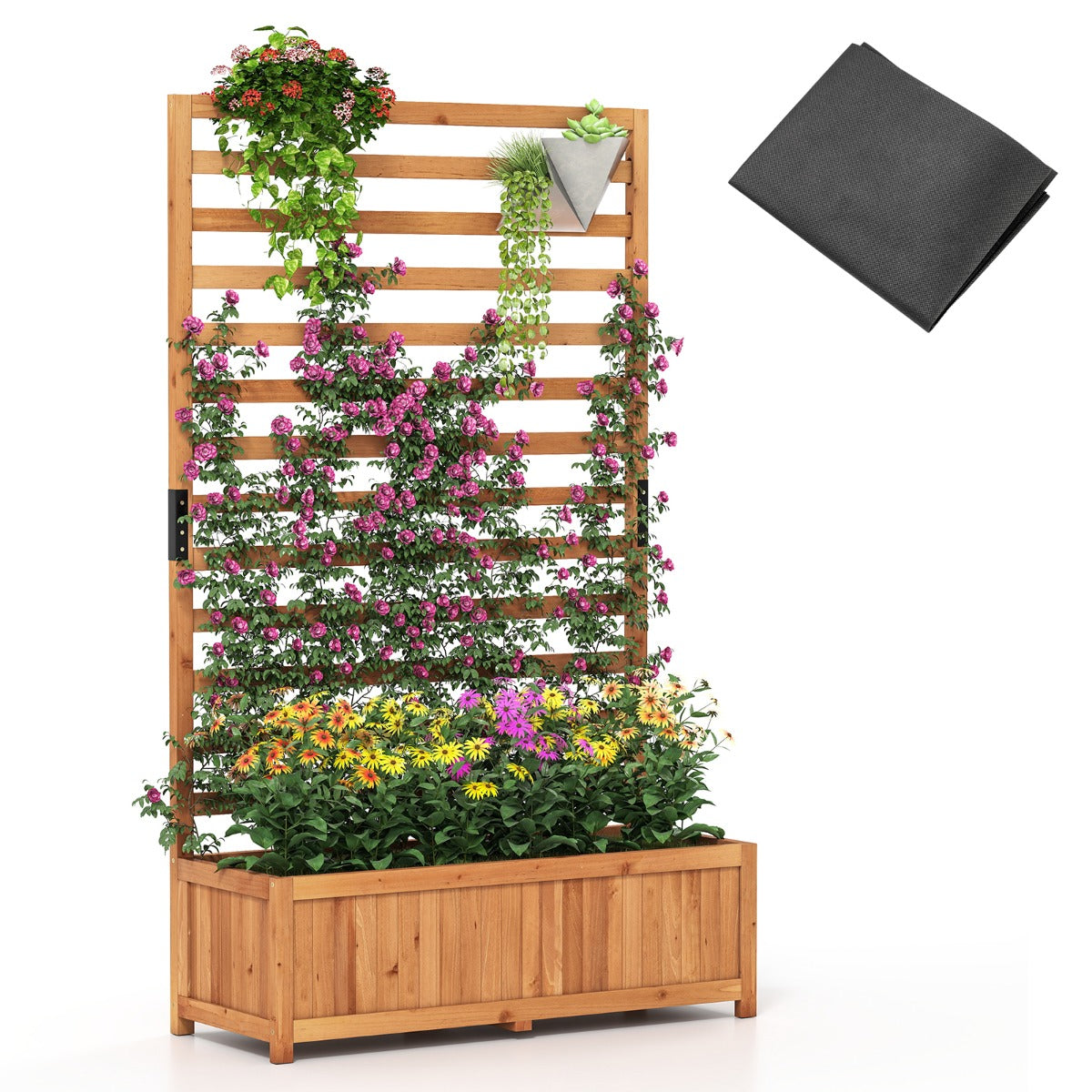 Livsk costway verticale verhoogde plantenbak van vurenhout met latwerk en drainage 150 cm hoge bloembak bruin