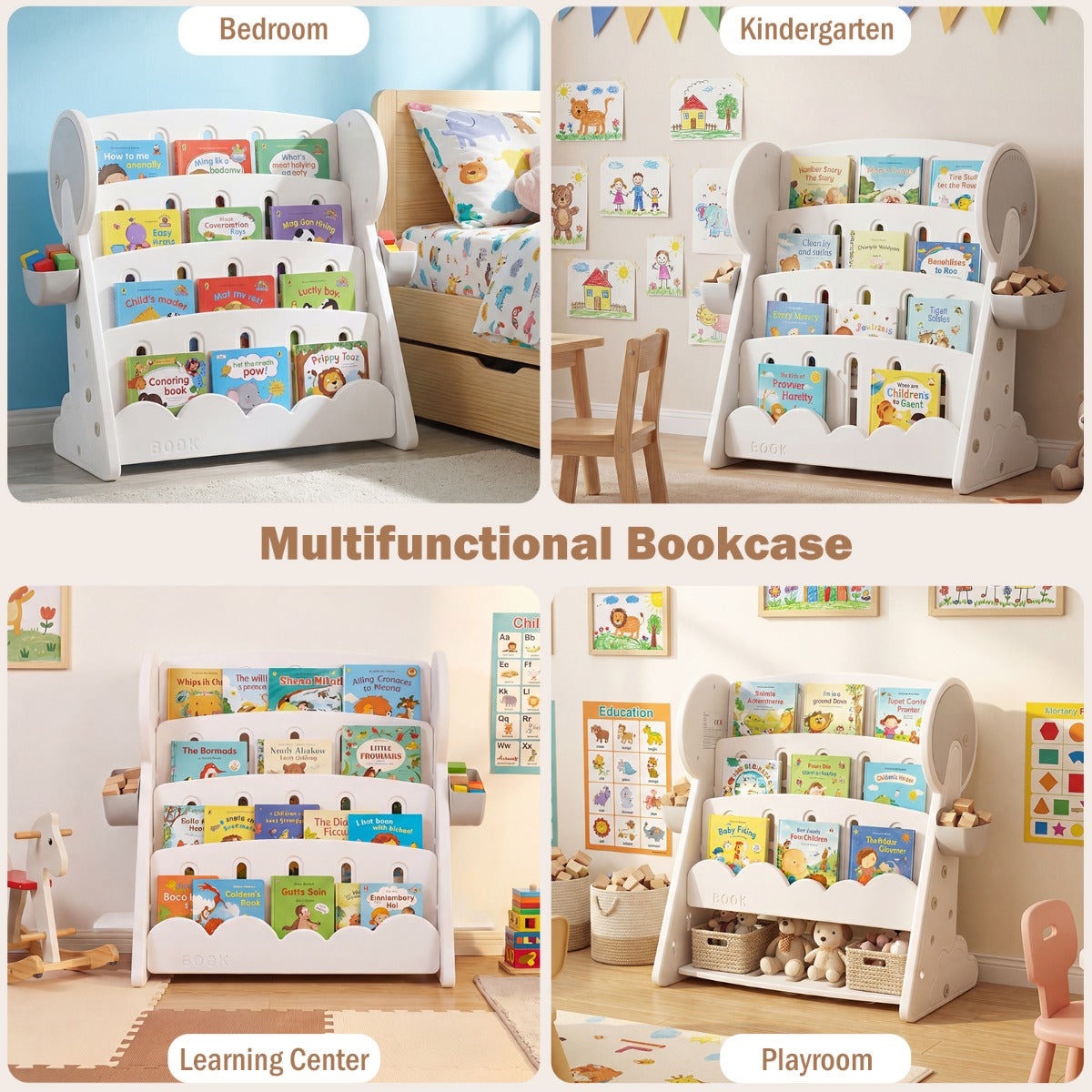Livsk costway vierdelige kinderboekenkast met twee opbergboxen en omkeerbare onderste plank ombouwbare boekenkast