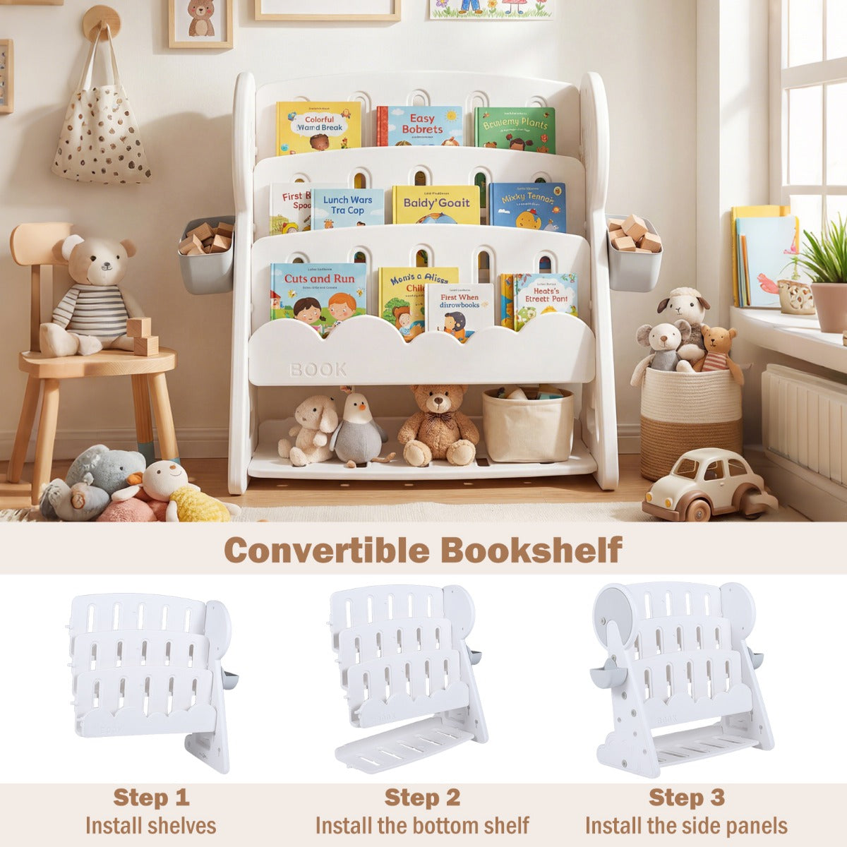 Livsk costway vierdelige kinderboekenkast met twee opbergboxen en omkeerbare onderste plank ombouwbare boekenkast