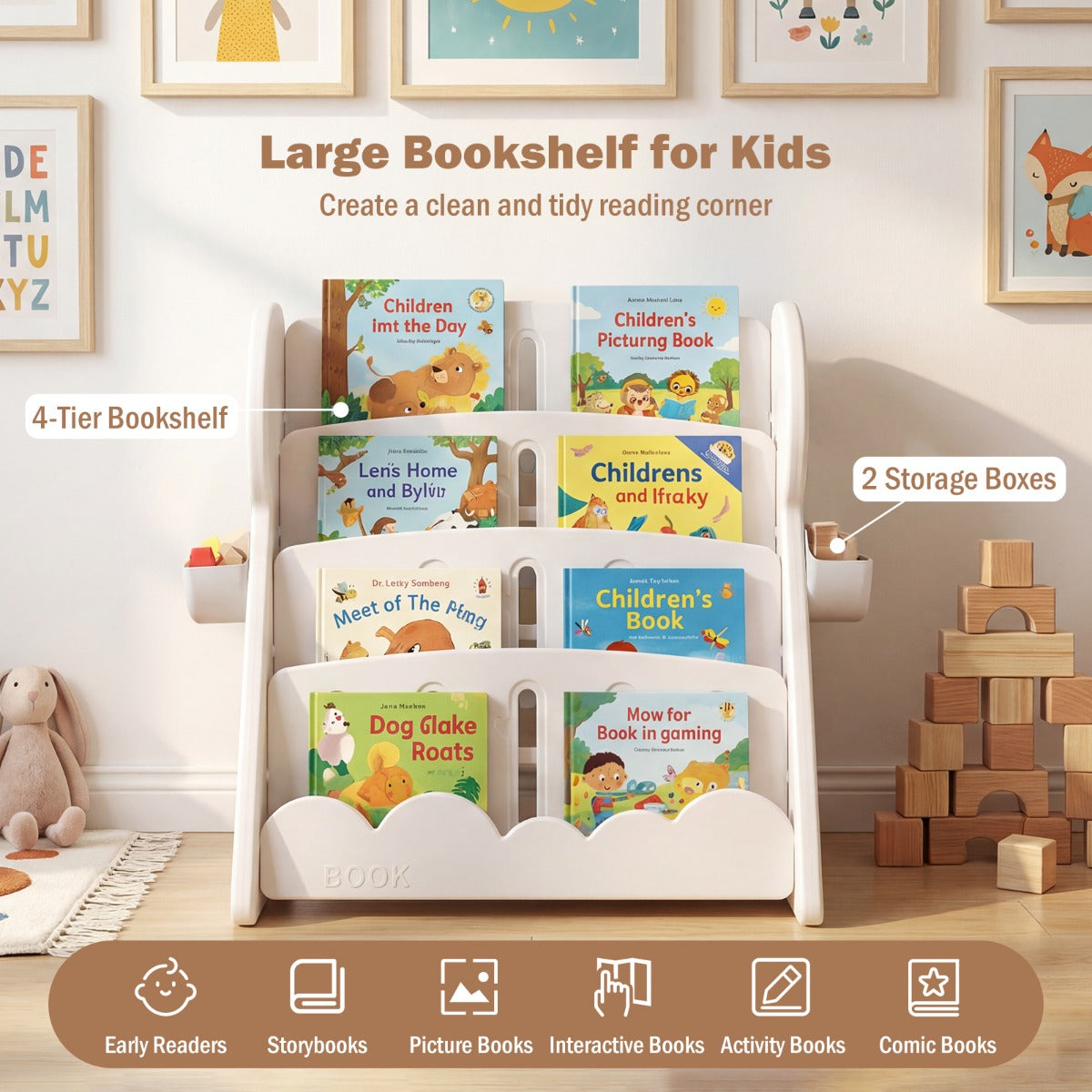 Livsk costway vierdelige kinderboekenkast met twee opbergboxen en omkeerbare onderste plank ombouwbare boekenkast