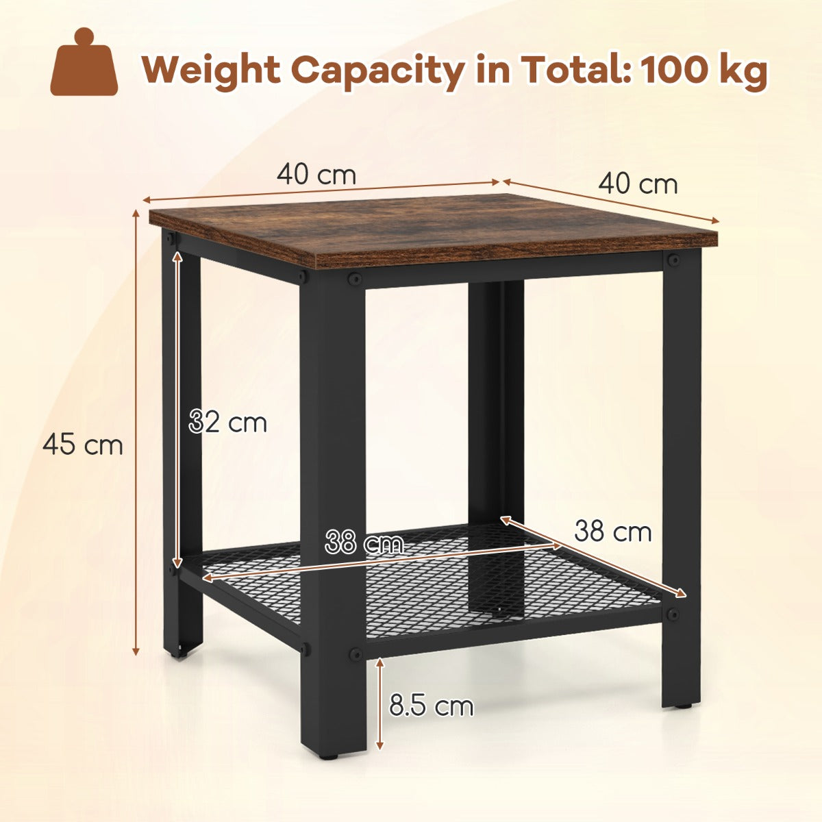 LIVSK Bijzettafel met Gaasplank - 2 Niveaus - Stevig Metaal - Ideaal voor Kleine Ruimtes - 40 x 40 x 45 cm - Rustiek bruin