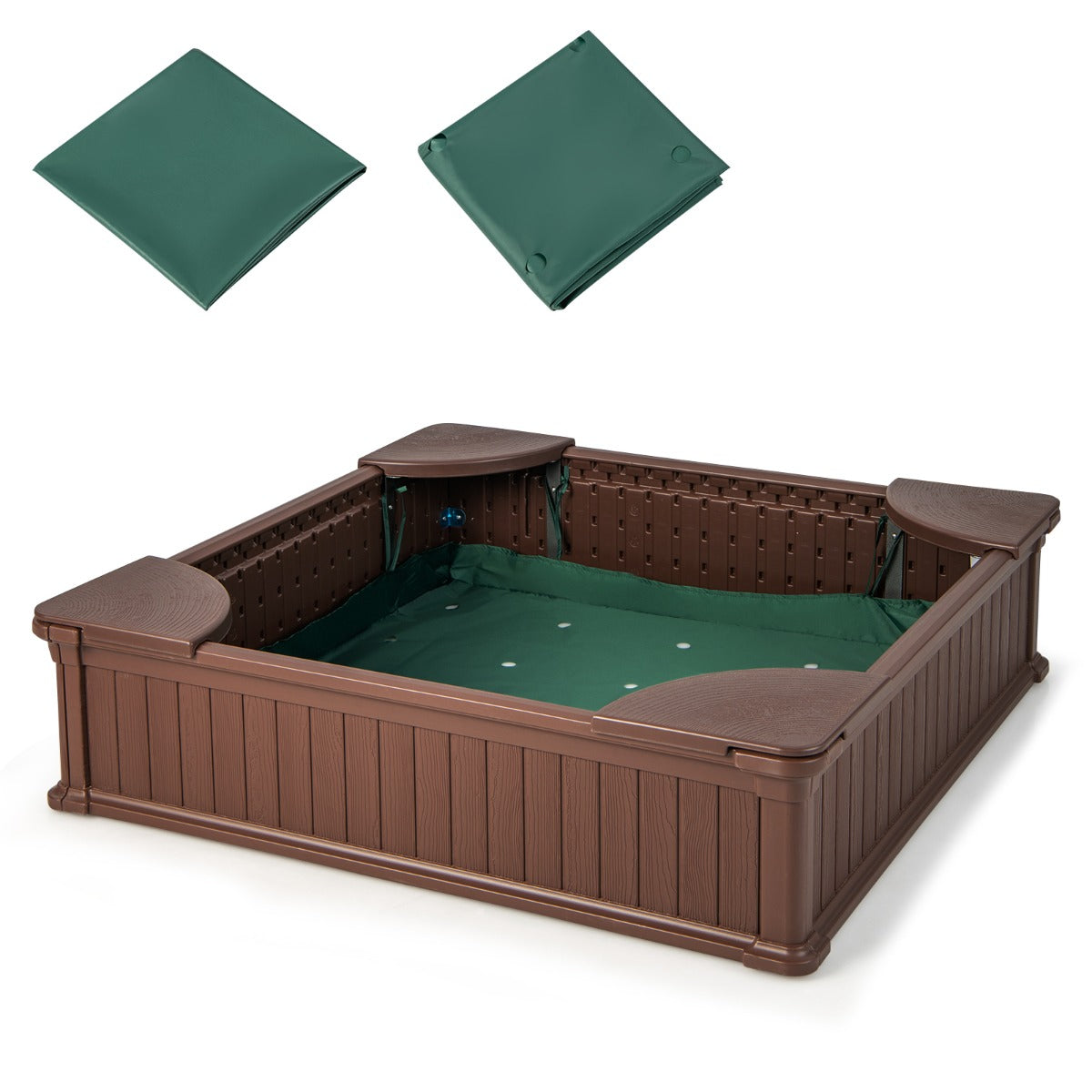 LIVSK Zandbak met Deksel - Ruime Afmeting 123,5 x 123,5 x 31,5 cm - HDPE Veilig Materiaal - Waterdichte Hoes - Bruin