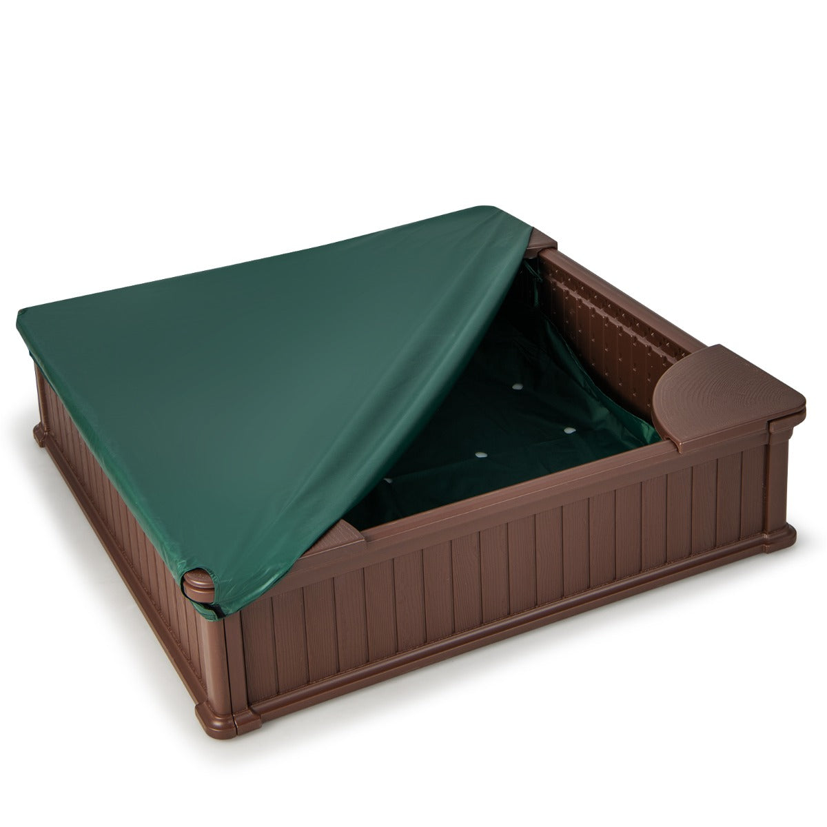 LIVSK Zandbak met Deksel - Ruime Afmeting 123,5 x 123,5 x 31,5 cm - HDPE Veilig Materiaal - Waterdichte Hoes - Bruin