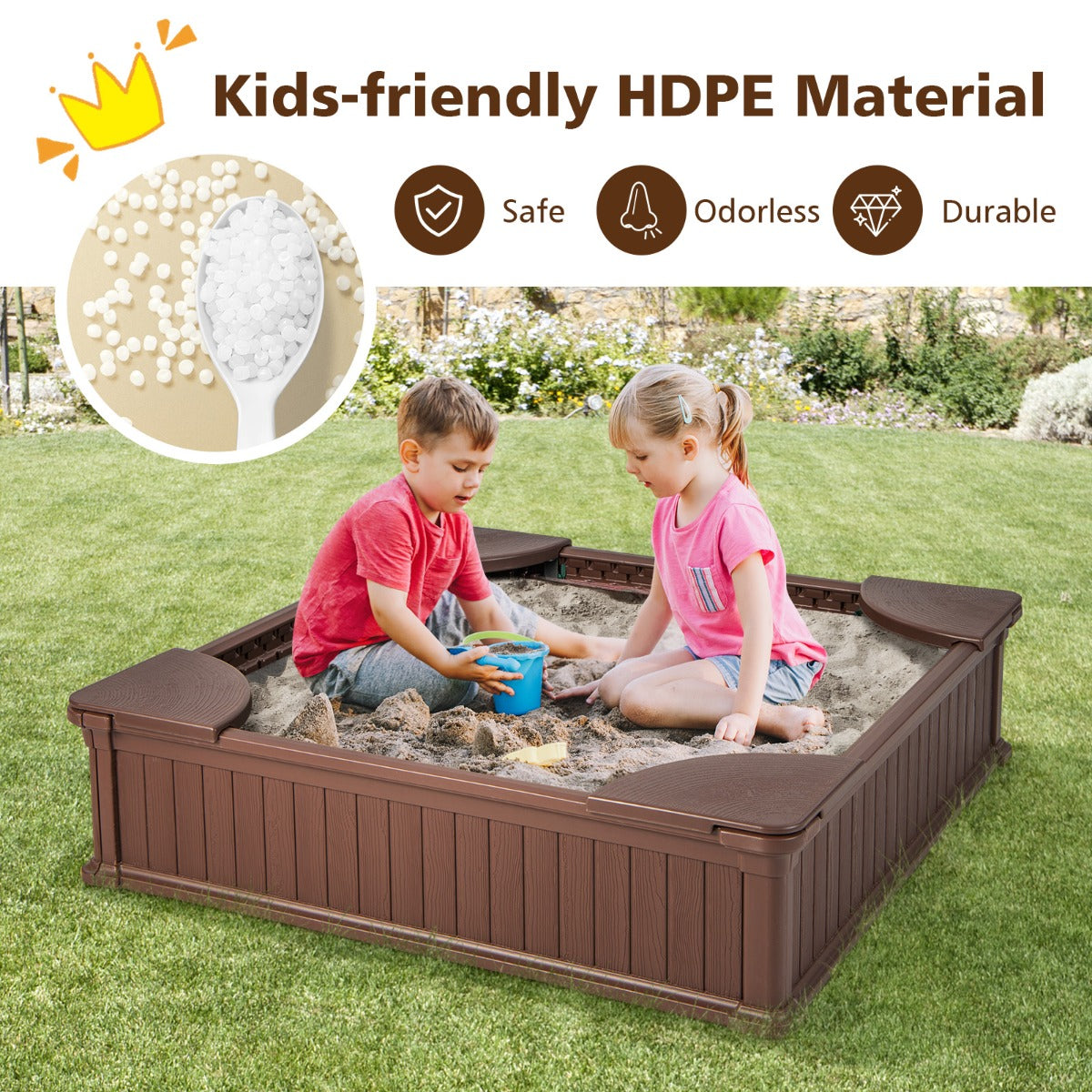 LIVSK Zandbak met Deksel - Ruime Afmeting 123,5 x 123,5 x 31,5 cm - HDPE Veilig Materiaal - Waterdichte Hoes - Bruin