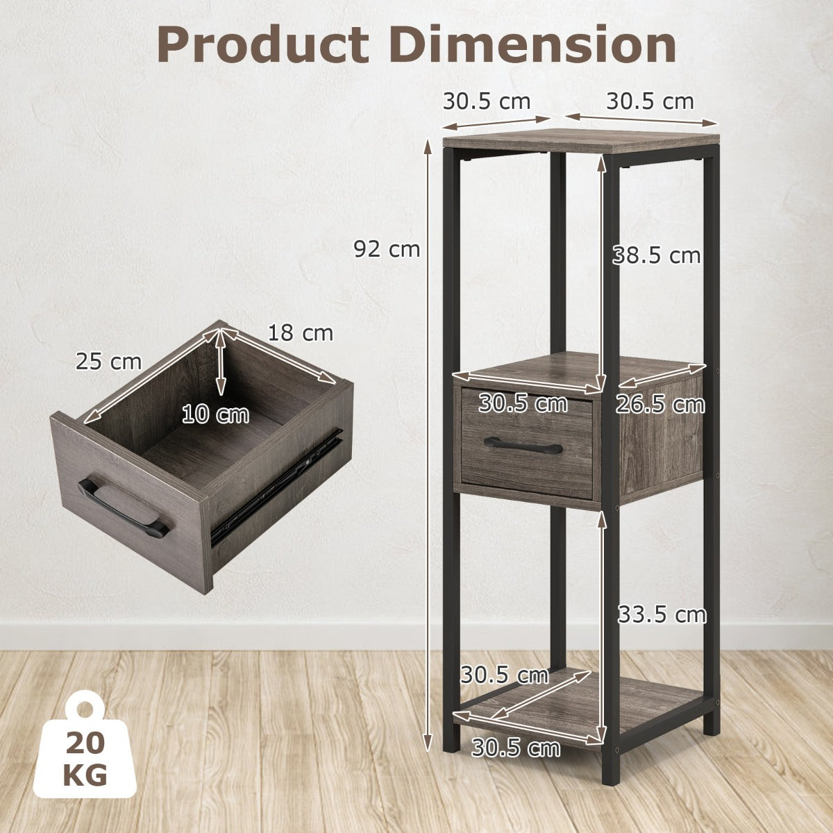 LIVSK Plantenstandaard met 3 Open Planken - Multifunctioneel - Stevig Metaal - Ruimtebesparend - 30,5 x 30,5 x 92 cm - Grijs en