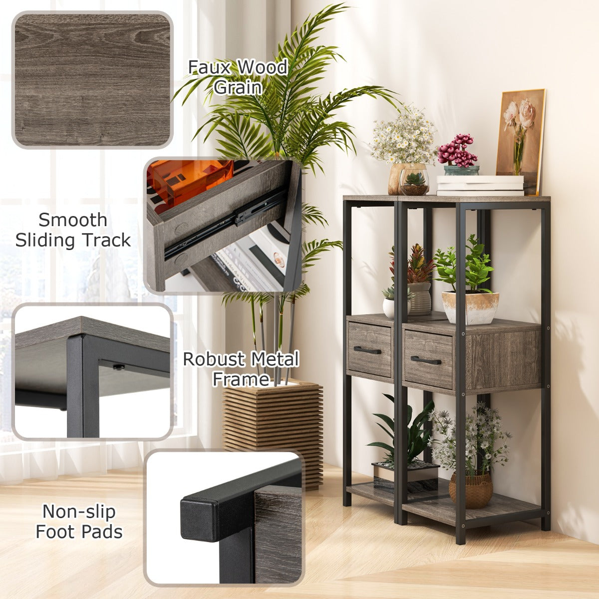 LIVSK Plantenstandaard met 3 Open Planken - Multifunctioneel - Stevig Metaal - Ruimtebesparend - 30,5 x 30,5 x 92 cm - Grijs en