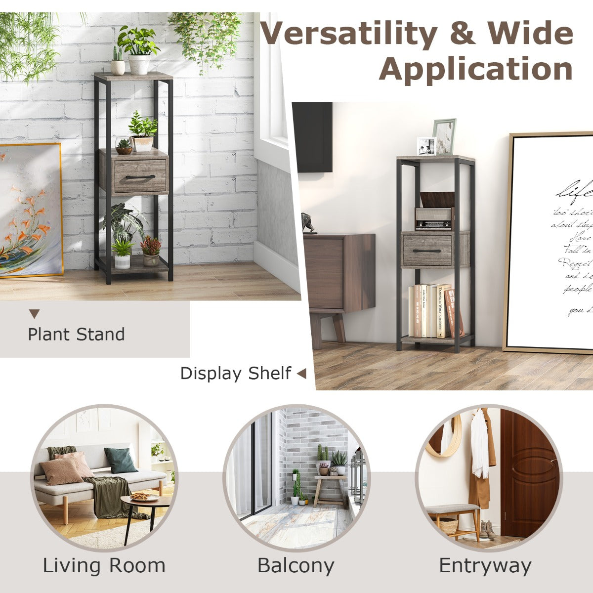 LIVSK Plantenstandaard met 3 Open Planken - Multifunctioneel - Stevig Metaal - Ruimtebesparend - 30,5 x 30,5 x 92 cm - Grijs en