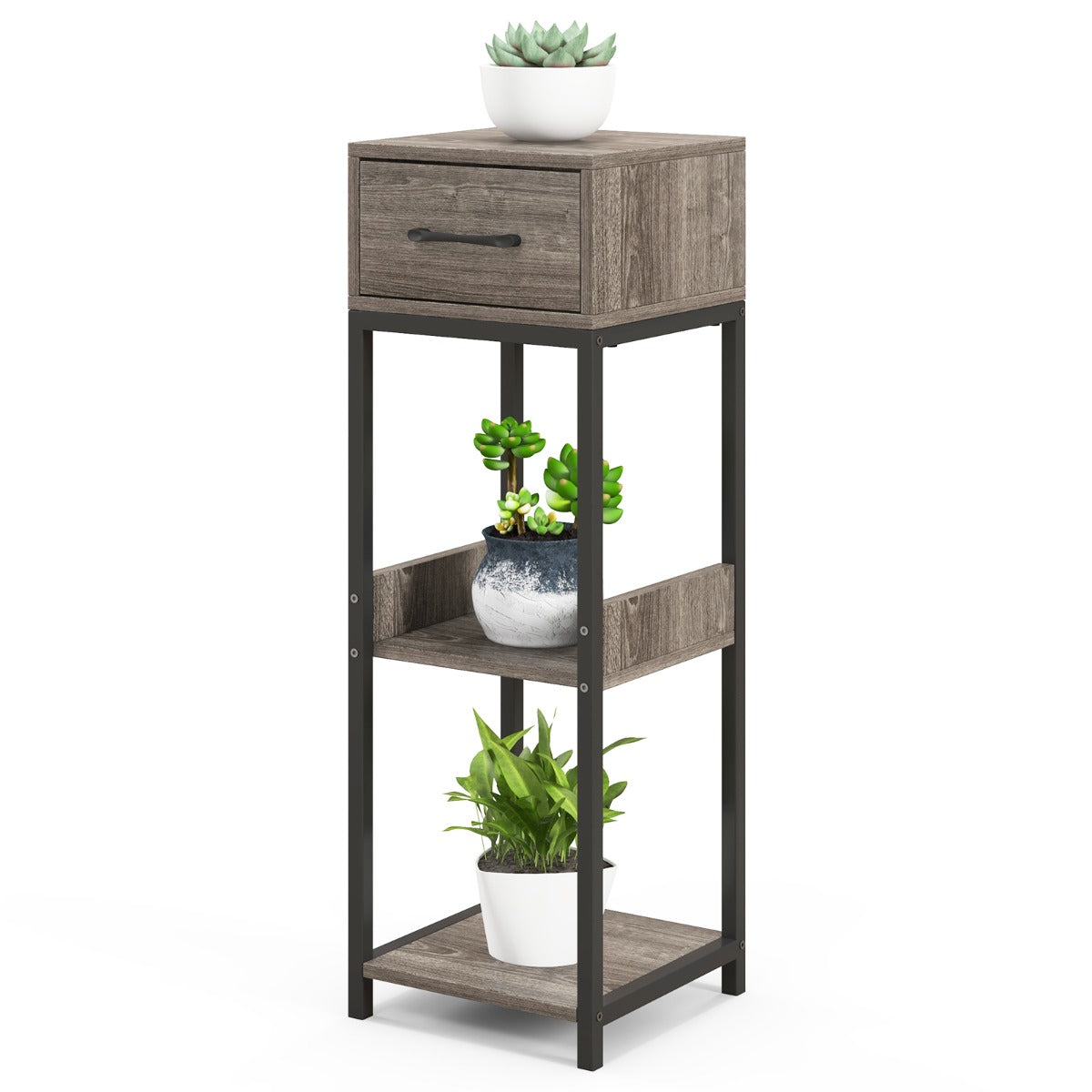 LIVSK Hoekplantstandaard met 3 Open Planken - Inclusief Lade en 2 Anti-Kantelsets - Stabiel en Ruimtebesparend - Grijs en Zwart
