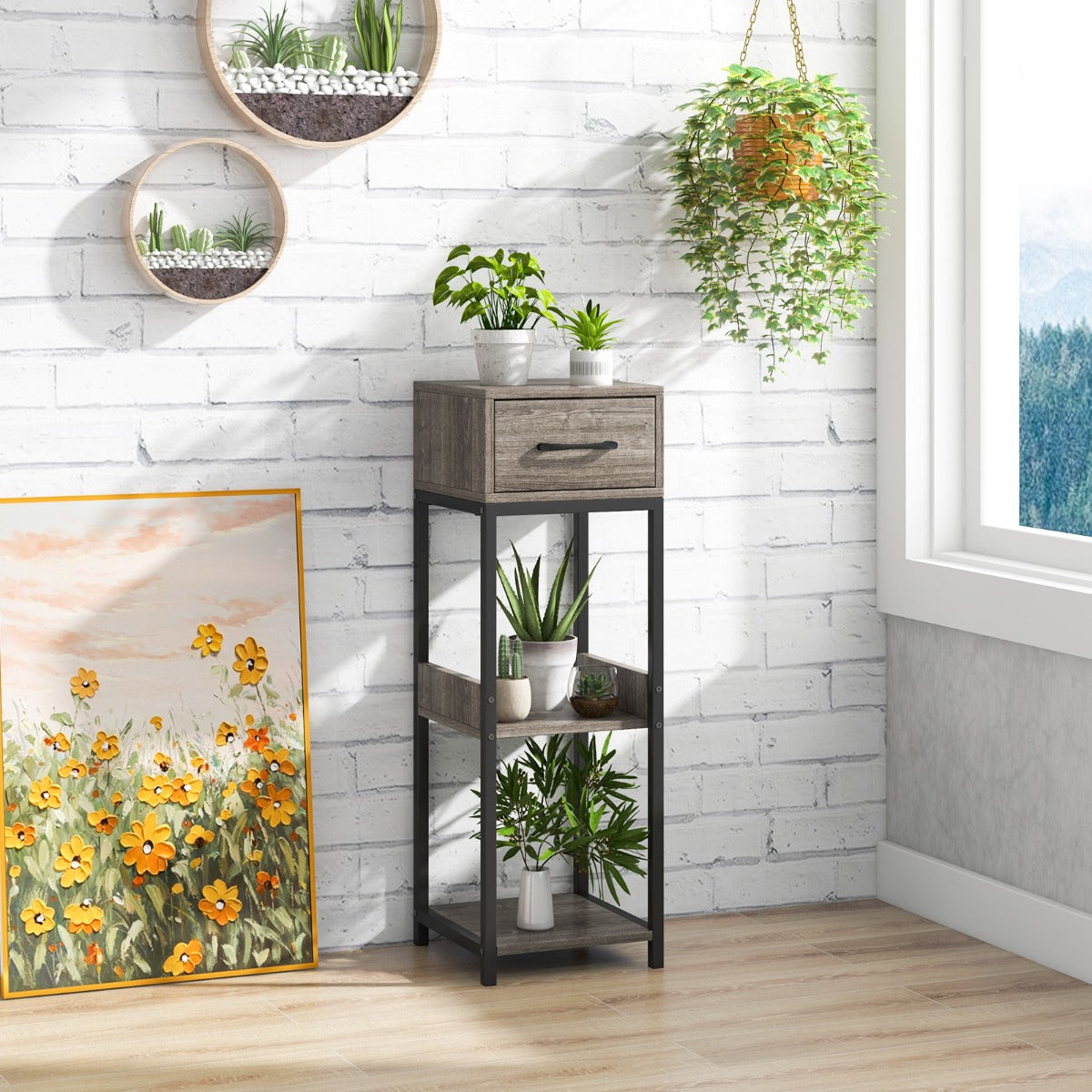 LIVSK Hoekplantstandaard met 3 Open Planken - Inclusief Lade en 2 Anti-Kantelsets - Stabiel en Ruimtebesparend - Grijs en Zwart