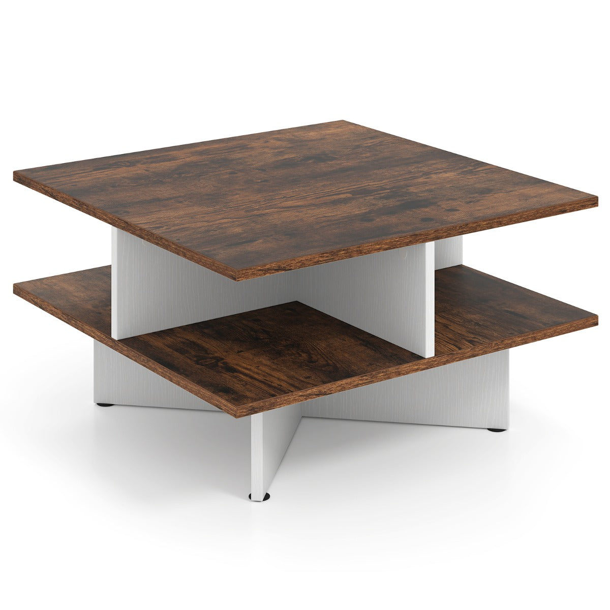LIVSK Multifunctionele Salontafel met Opbergvakken - 2-laags - Dubbel Kruisvoet - Rustiek Hout - 60 x 60 x 32,5 cm - Rustiek