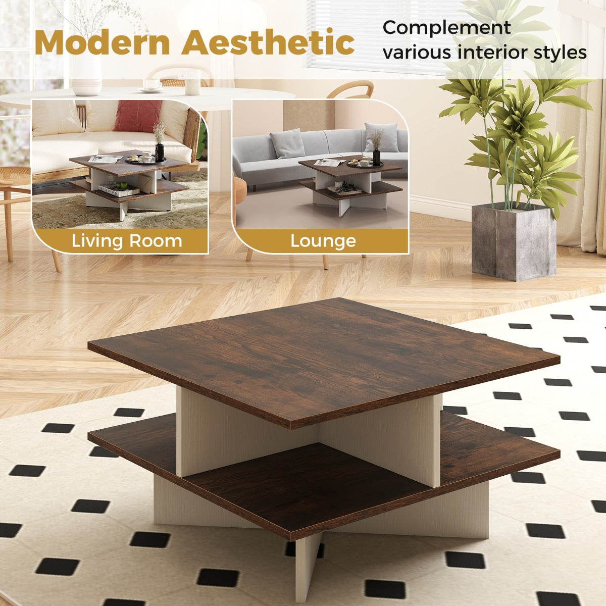 LIVSK Multifunctionele Salontafel met Opbergvakken - 2-laags - Dubbel Kruisvoet - Rustiek Hout - 60 x 60 x 32,5 cm - Rustiek