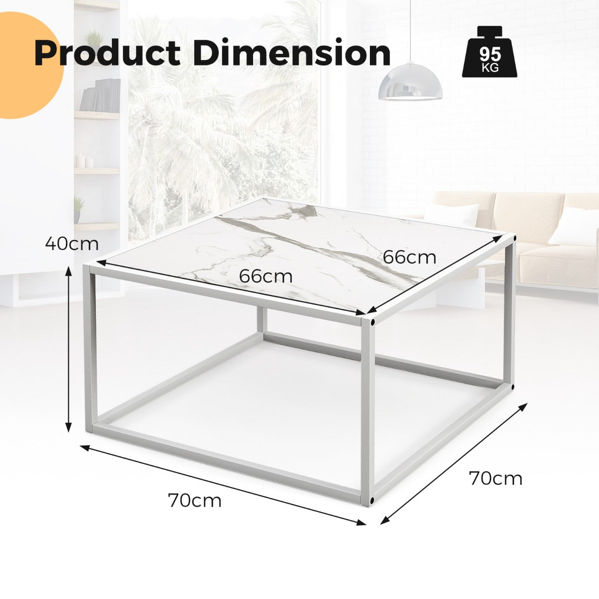 LIVSK Vierkante Salontafel - Imitatiemarmer met Mat Stalen Frame - Antislip Glijders - Draagvermogen 95 kg - 70 x 70 x 40 cm - Wit