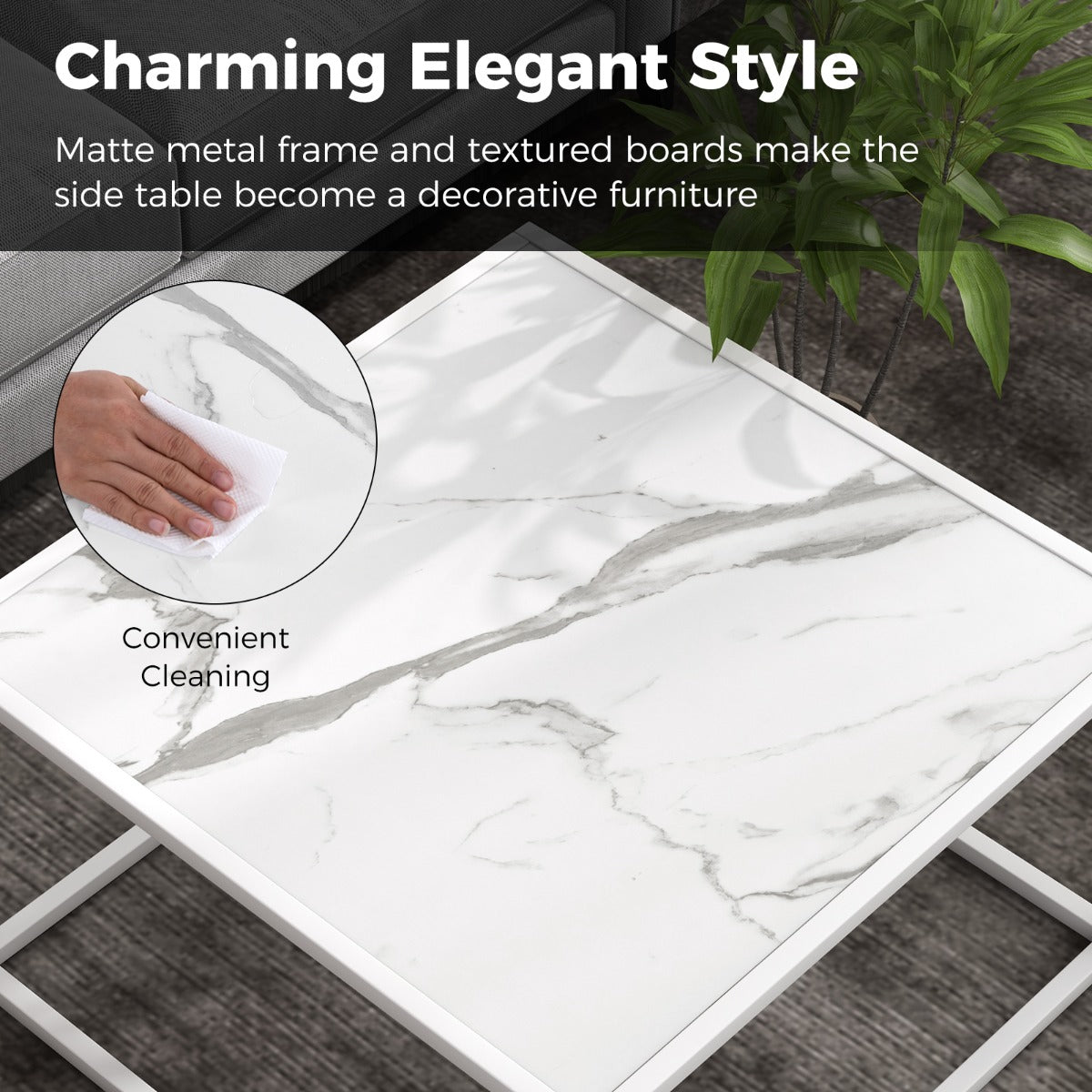 LIVSK Vierkante Salontafel - Imitatiemarmer met Mat Stalen Frame - Antislip Glijders - Draagvermogen 95 kg - 70 x 70 x 40 cm - Wit