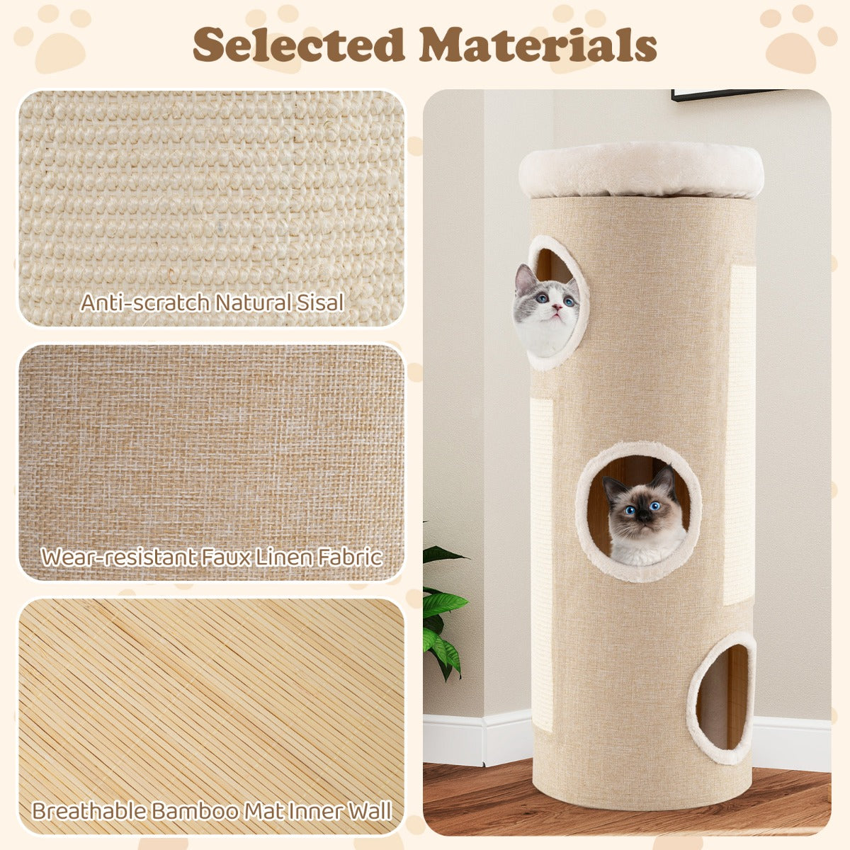 Livsk costway vierlaags kattenhuis voor meerdere katten tonvormig kattenmeubel met afneembaar pluchen bed sisal krabplank bamboemat 5