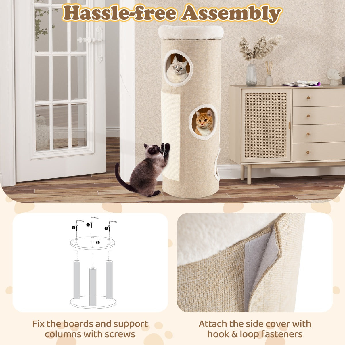 Livsk costway vierlaags kattenhuis voor meerdere katten tonvormig kattenmeubel met afneembaar pluchen bed sisal krabplank bamboemat 6
