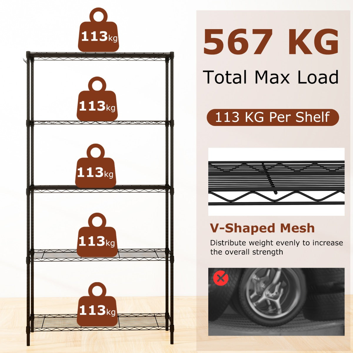Livsk costway vijfdelige heavy duty rekken metalen rekken met in hoogte verstelbare planken 3