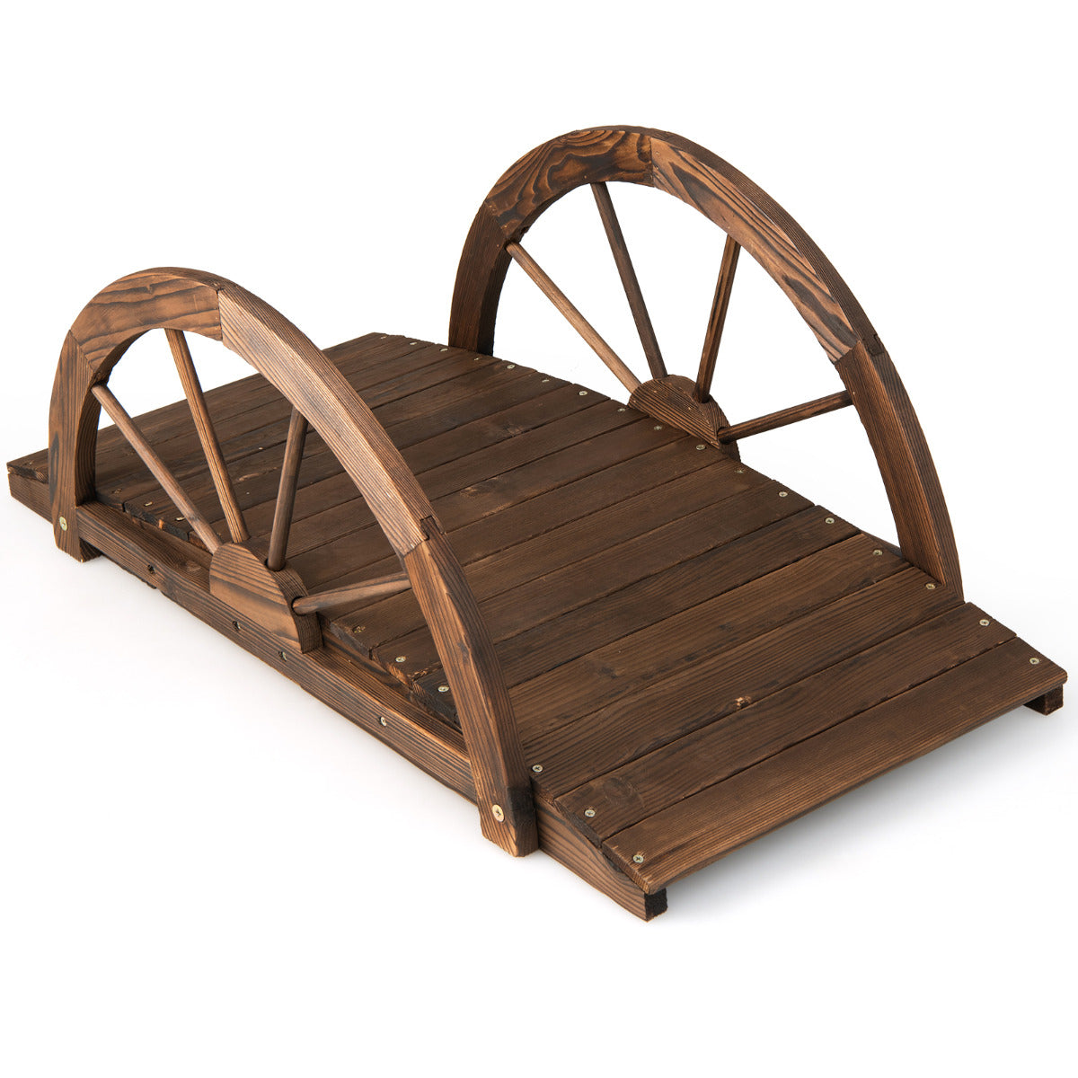 LIVSK Houten Tuinbrug - Massief Dennenhout - Halfronde Leuningen - Weerbestendig - Draagvermogen 75 kg - 101,5 x 48,5 x 38 cm -