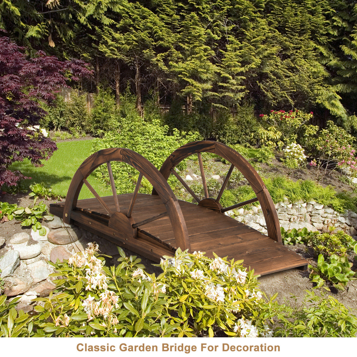 LIVSK Houten Tuinbrug - Massief Dennenhout - Halfronde Leuningen - Weerbestendig - Draagvermogen 75 kg - 101,5 x 48,5 x 38 cm -