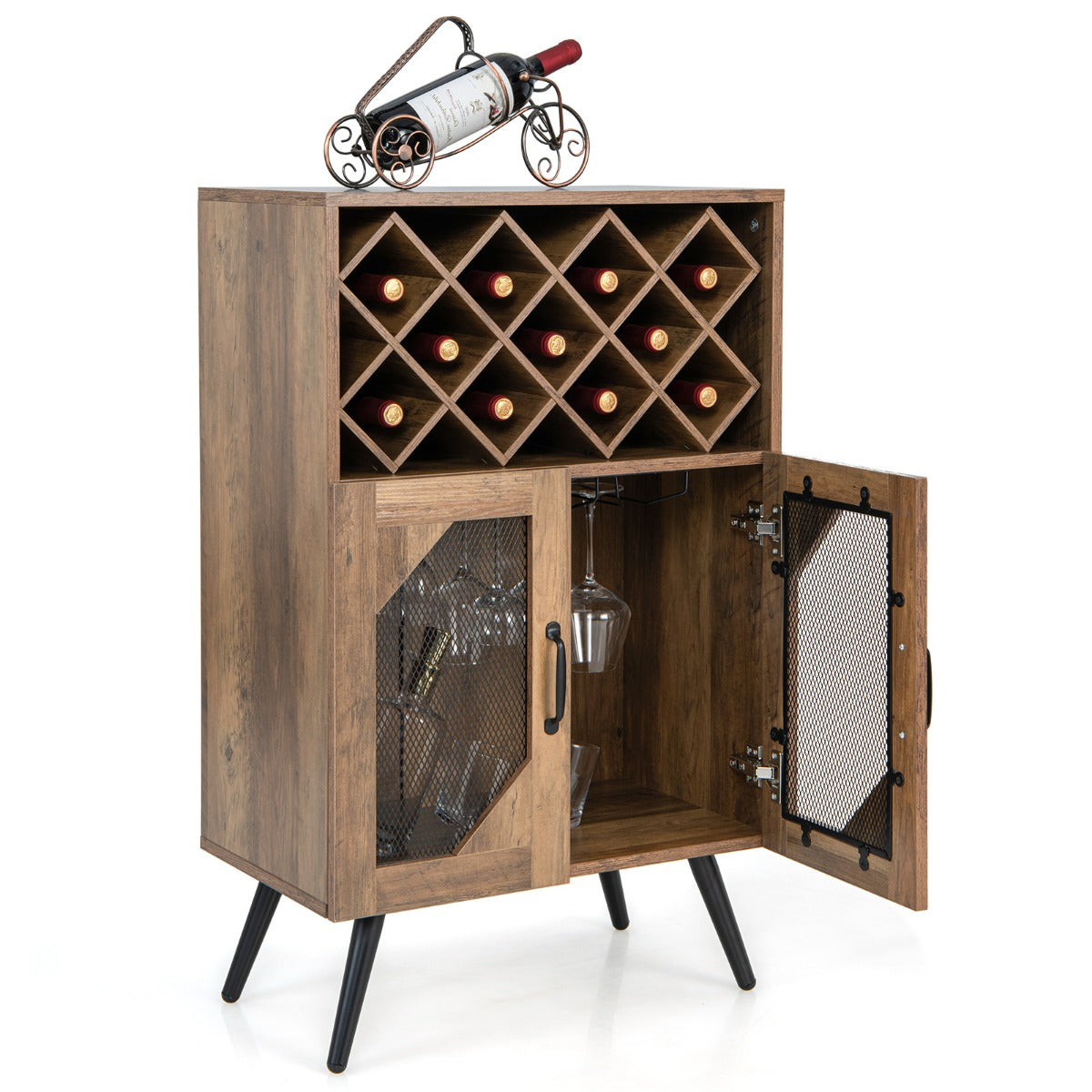 LIVSK Vintage Wijnkast met Afneembaar Wijnrek - 2-deurs Kast met Glashouders - Veilig Anti-kanteldesign - Hout - Bruin