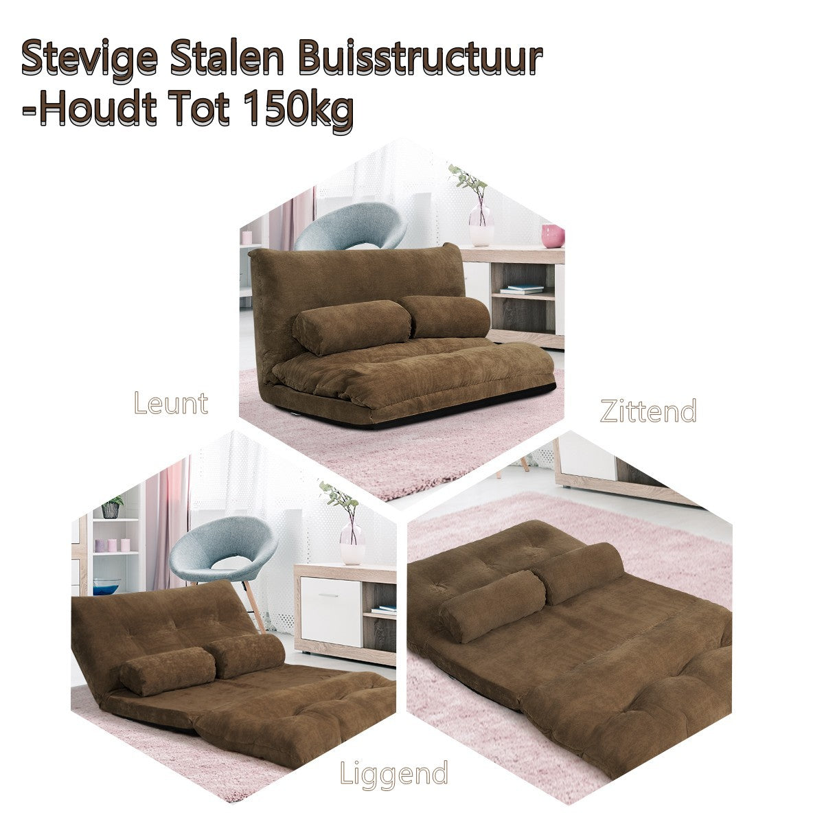 LIVSK Verstelbare Vloersofa - 6 Niveaus Rugleuning - Hoogwaardig Metalen Frame - Draagvermogen 150 kg - Koffie