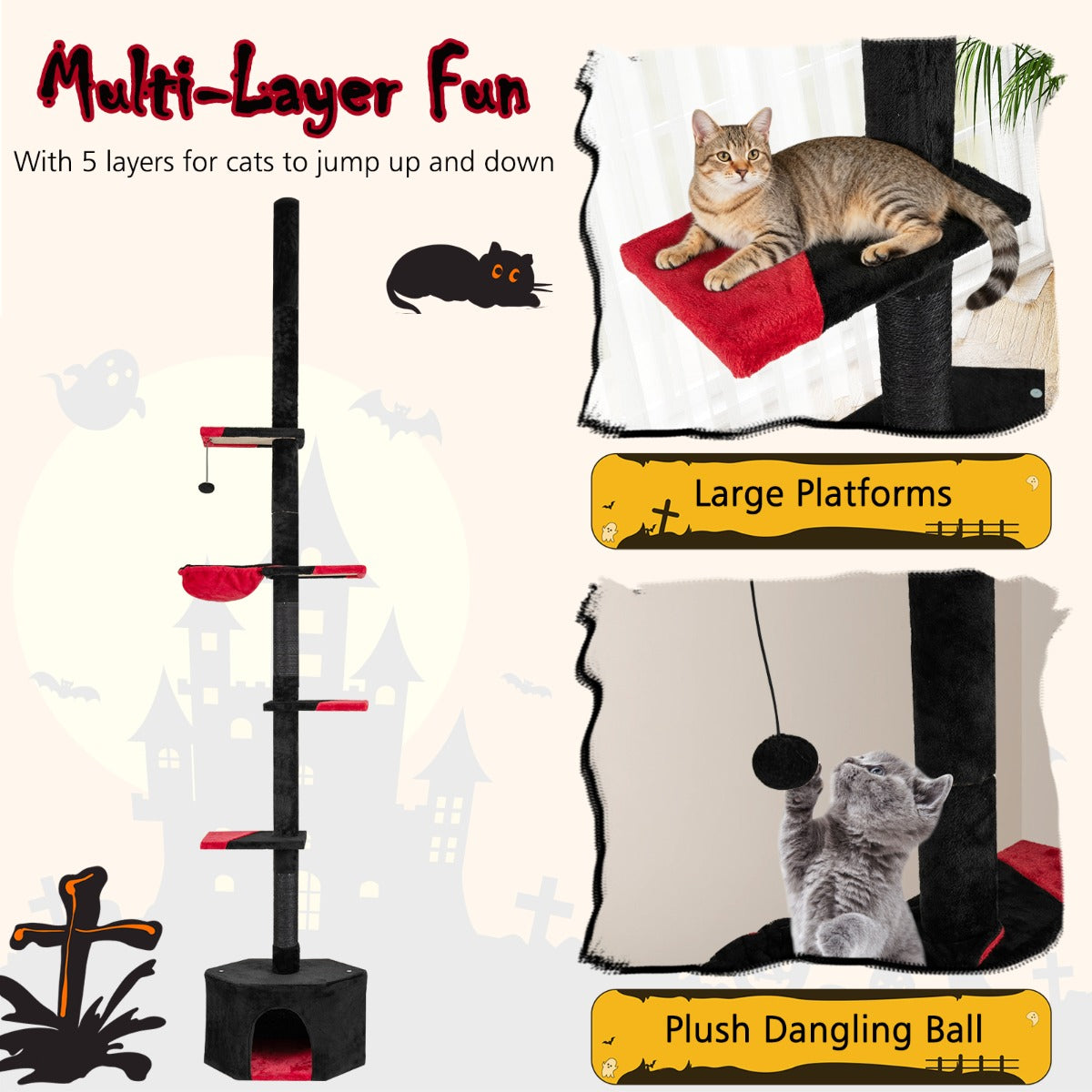 Livsk costway vloer tot plafond kattenboom 245 300 cm verstelbaar 5 laags krabpaal met kattenhol 5