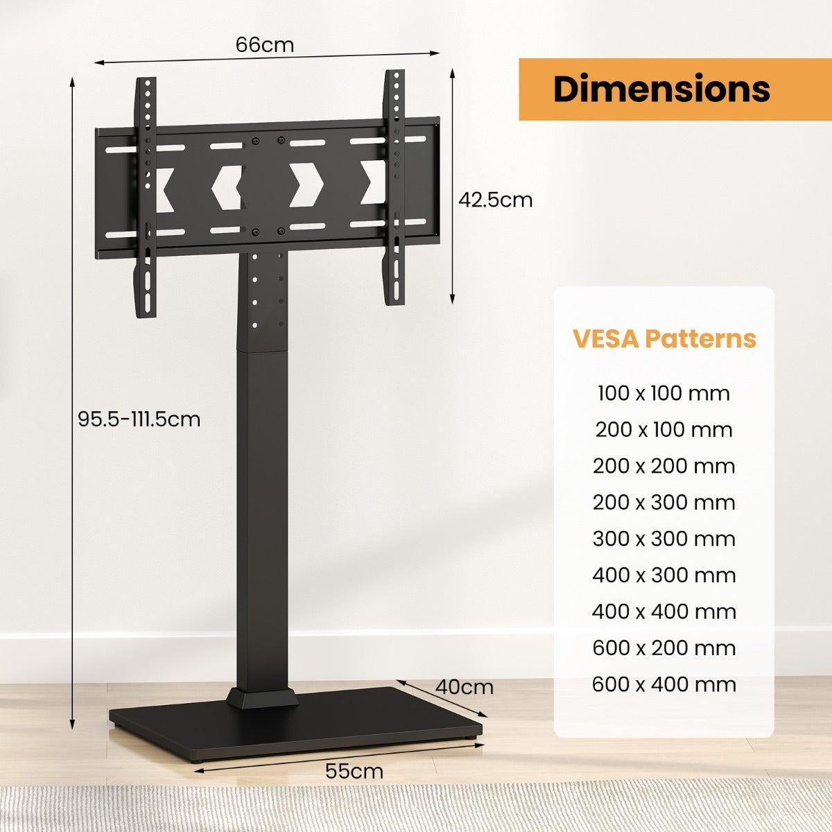 LIVSK Universele TV-standaard - Geschikt voor 32-70 inch - Hoogte 95,5-111,5 cm - Draaifunctie - AV-plank - Zwart