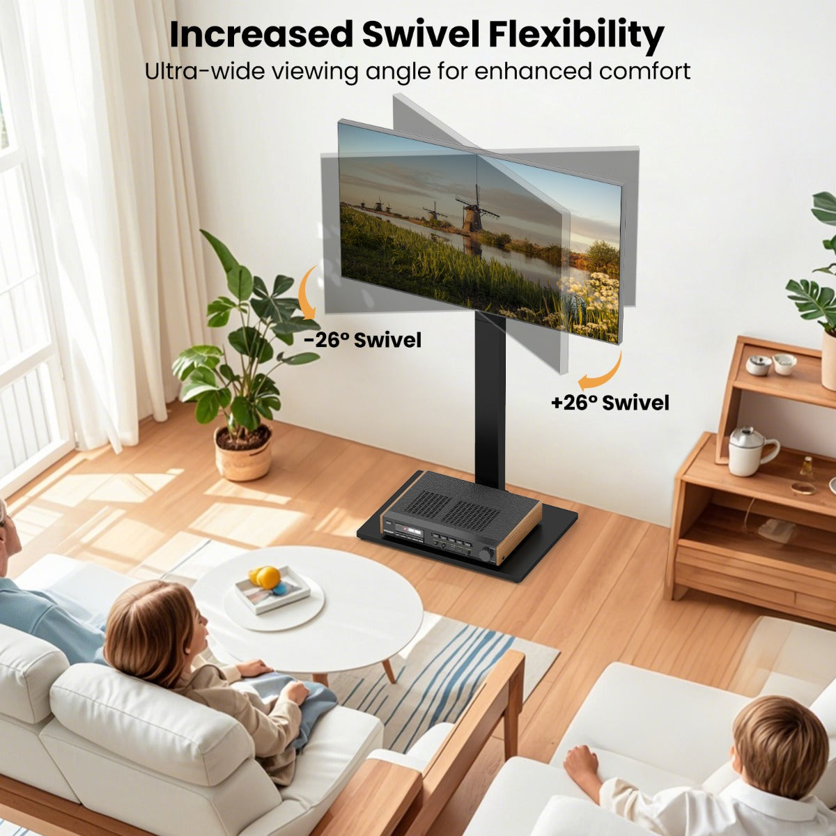 LIVSK Universele TV-standaard - Geschikt voor 32-70 inch - Hoogte 95,5-111,5 cm - Draaifunctie - AV-plank - Zwart