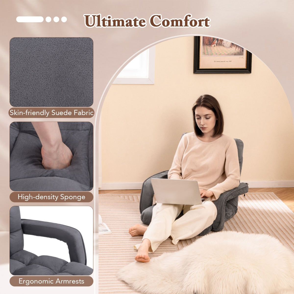 LIVSK Vloerstoel met Verstelbare Rugleuning - Suède Stof - Ergonomisch en Comfortabel - Tot 150 kg - Grijs