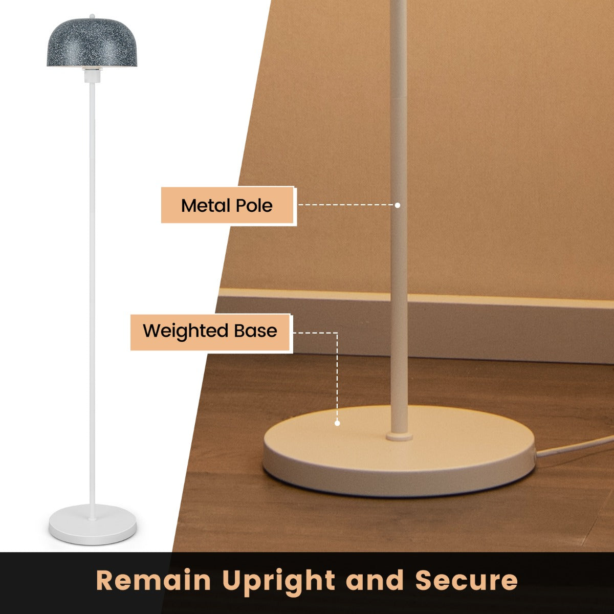 LIVSK Vloerlamp met Voetschakelaar - Modern Ontwerp met Imitatiesteen Kap - Stabiele Voet - E27 Lampvoet - 180 cm Snoer -
