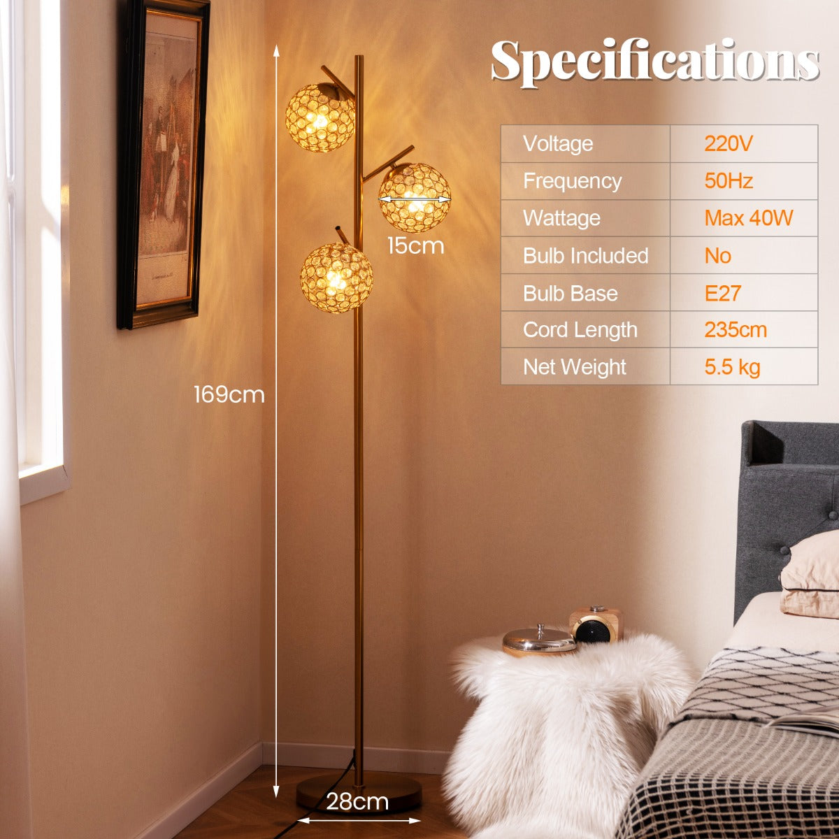 LIVSK Vloerlamp met 3 Bolvormige Kappen - Robuuste Metalen Constructie - Voetschakelaar - Oogvriendelijk Licht - 28 x 28 x 169 cm